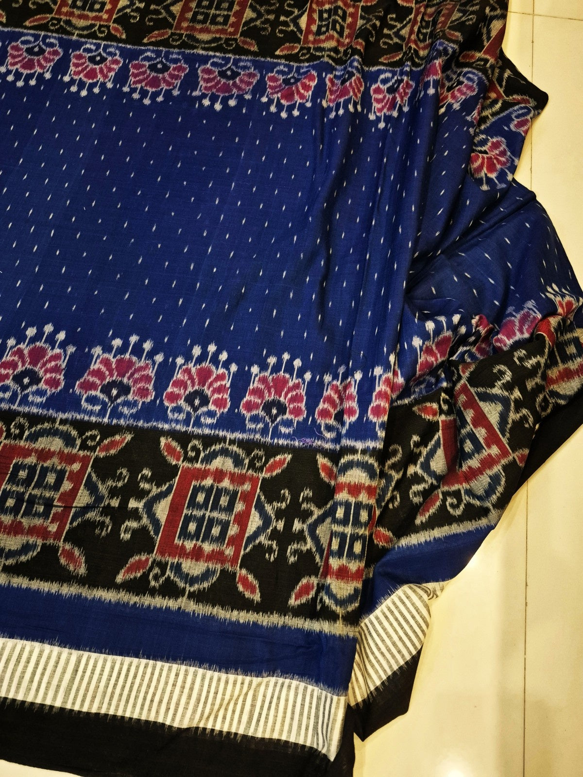 Blue with Black Cotton Odisha Ikat saree  with mix match cotton ikat blouse