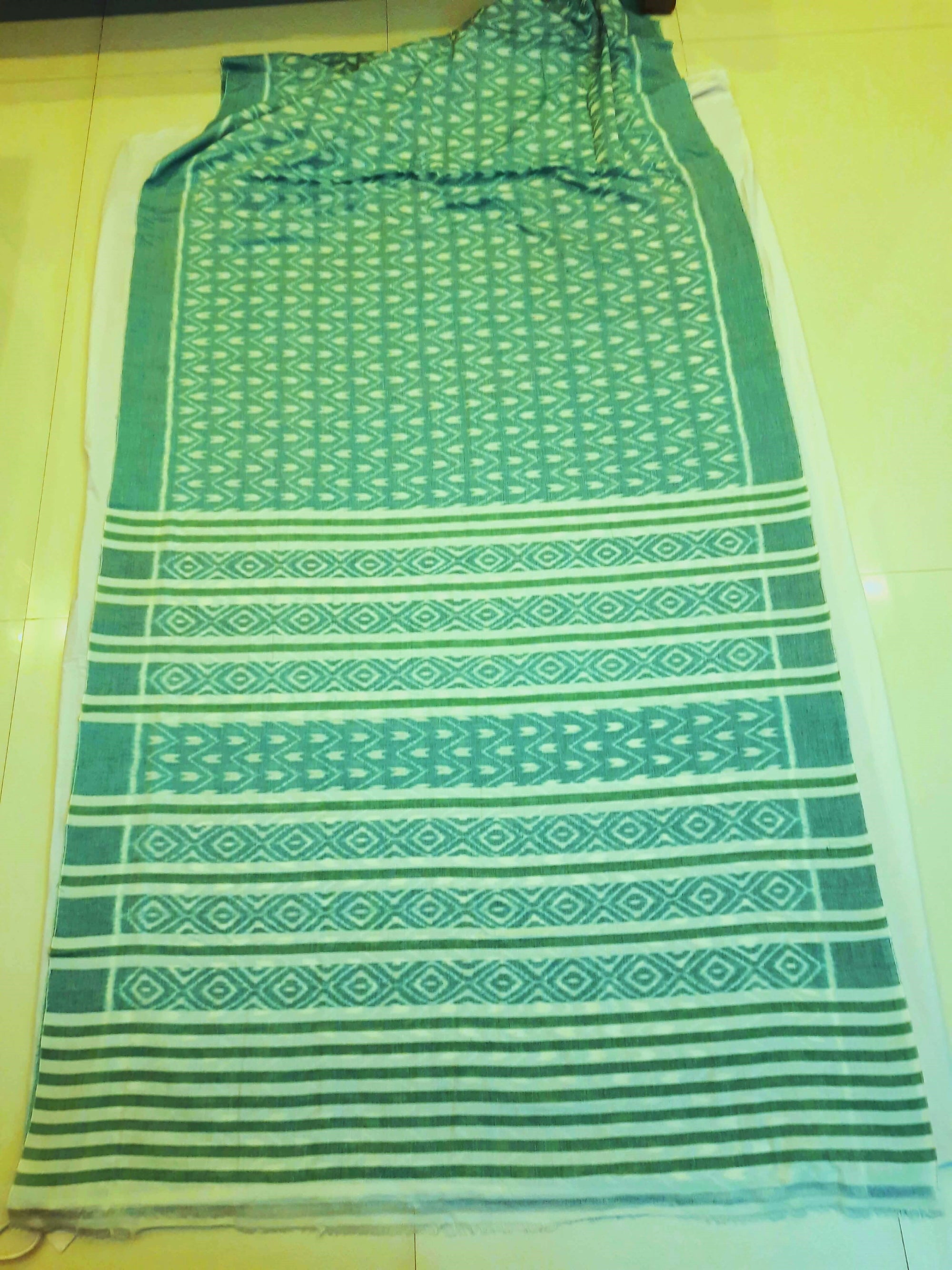 Green Cotton Odisha Ikat saree with mix match cotton ikat blouse piece