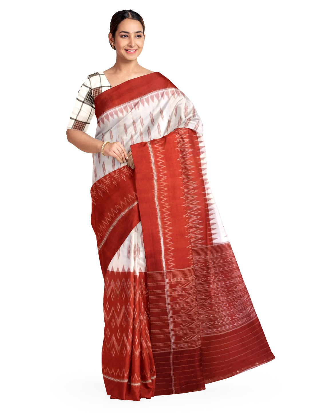 White and Red Cotton Odisha Ikat saree  with mix match cotton ikat blouse