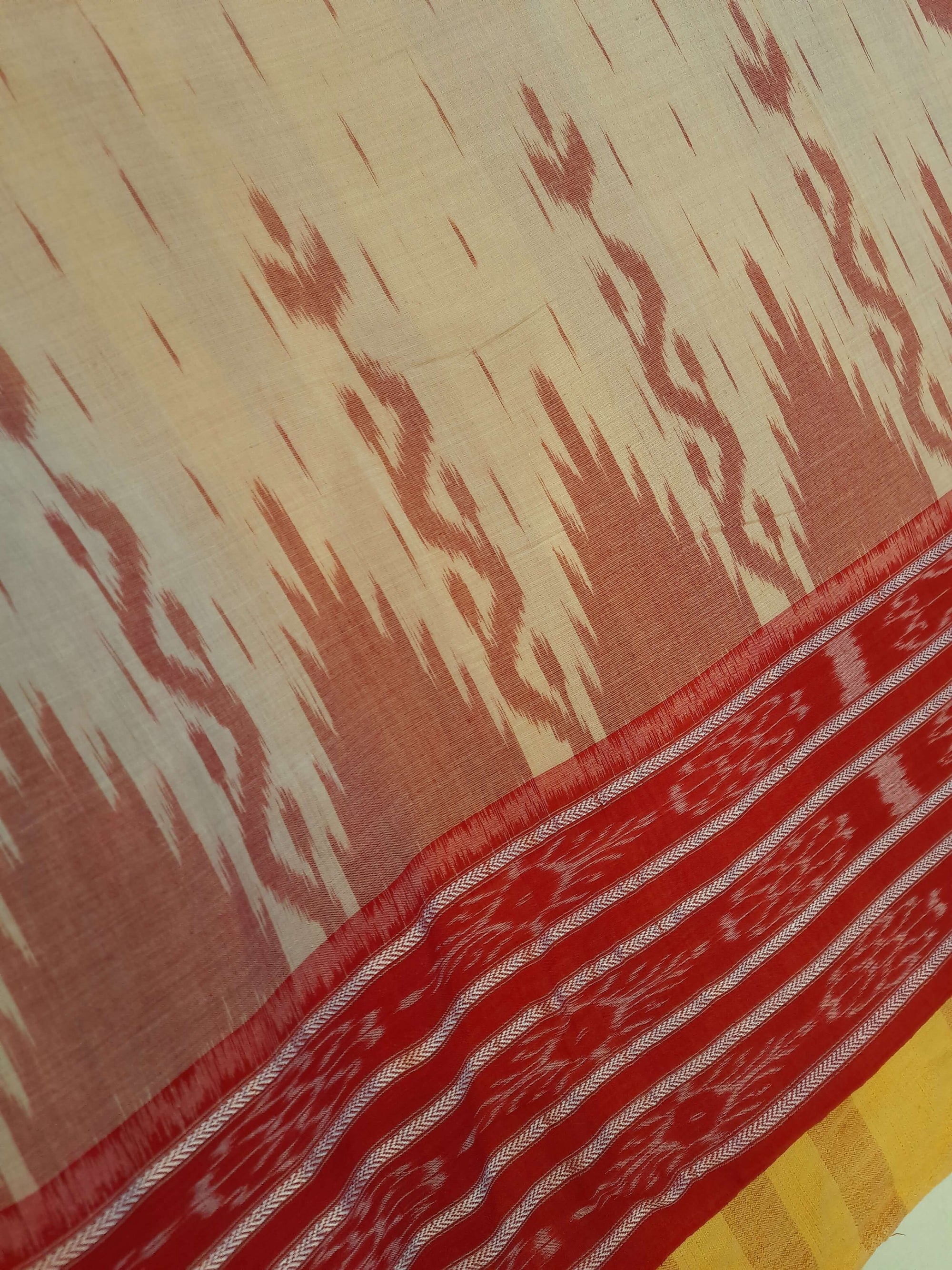 Beige wide border Cotton Odisha Ikat saree  with mix match cotton ikat blouse