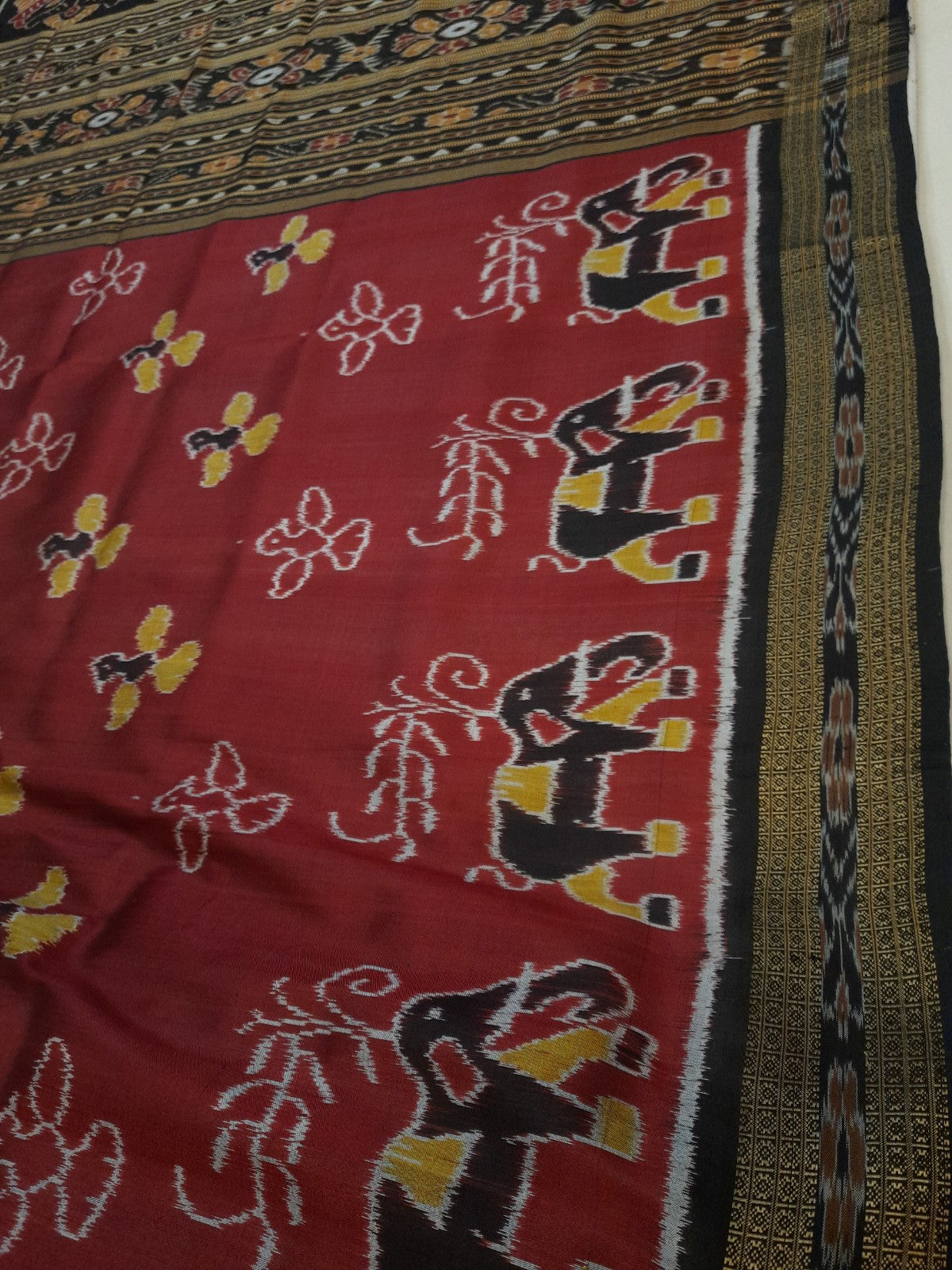 Maroon Odisha Khandua Pata Silk Saree with cotton ikat blouse piece