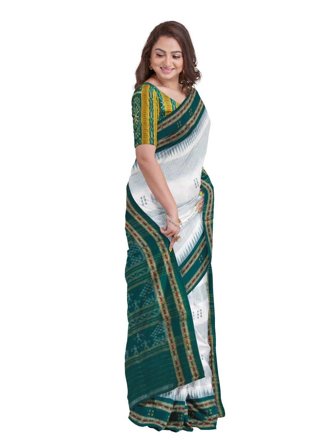 White with Green buti Cotton Odisha Ikat saree with mix match cotton ikat blouse