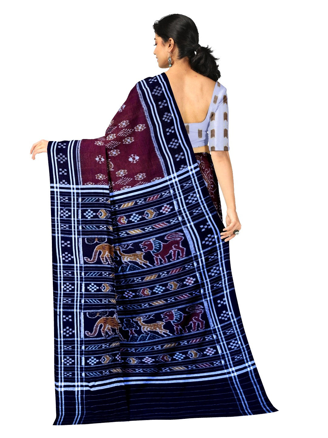 Maroon with black Cotton Odisha Ikat saree  with mix match cotton ikat blouse