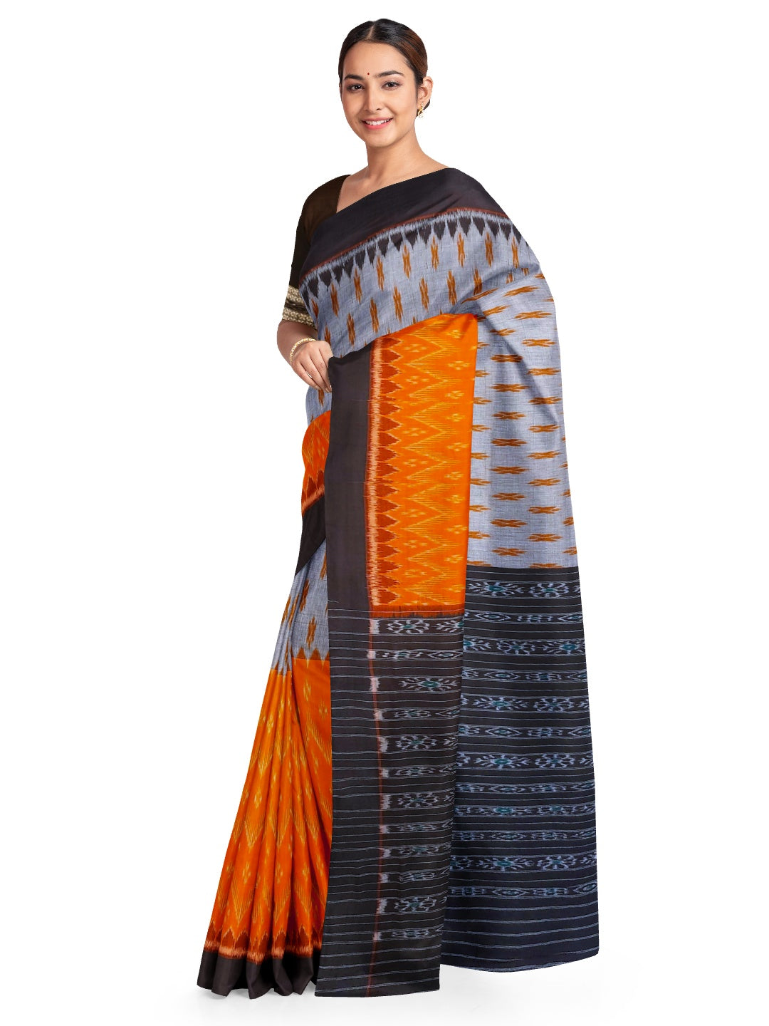 Grey Orange half half colored body Odisha Ikat saree with cotton ikat blouse piece