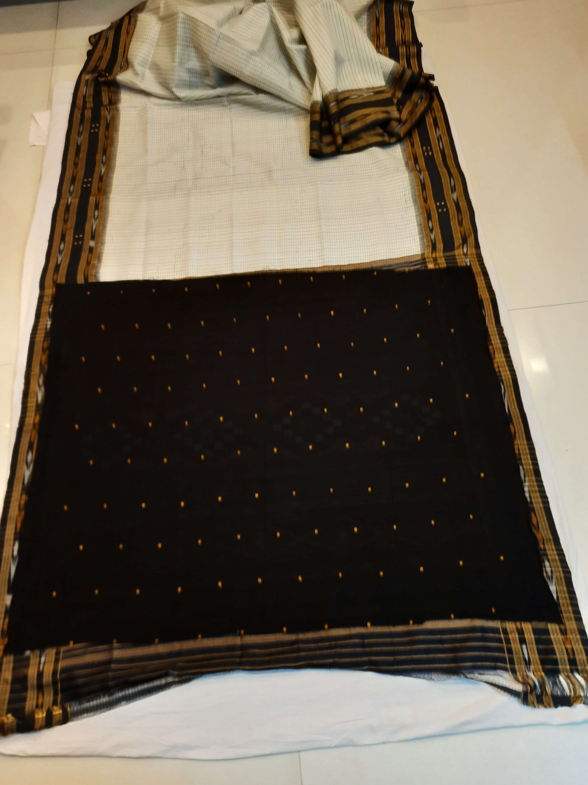 Offwhite Black Sachipar Khandua Pata Silk Saree with cotton ikat blouse piece