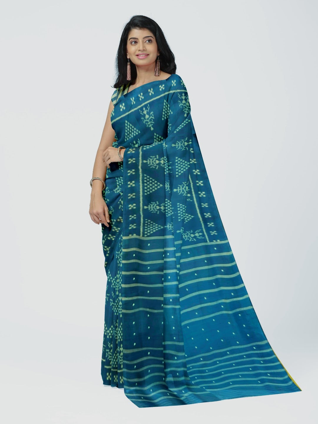 Blue Tribal motifs Odisha Khandua Pata Silk Saree with running blouse piece