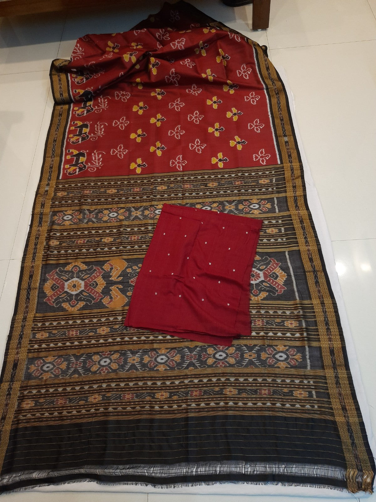 Maroon Odisha Khandua Pata Silk Saree with cotton ikat blouse piece