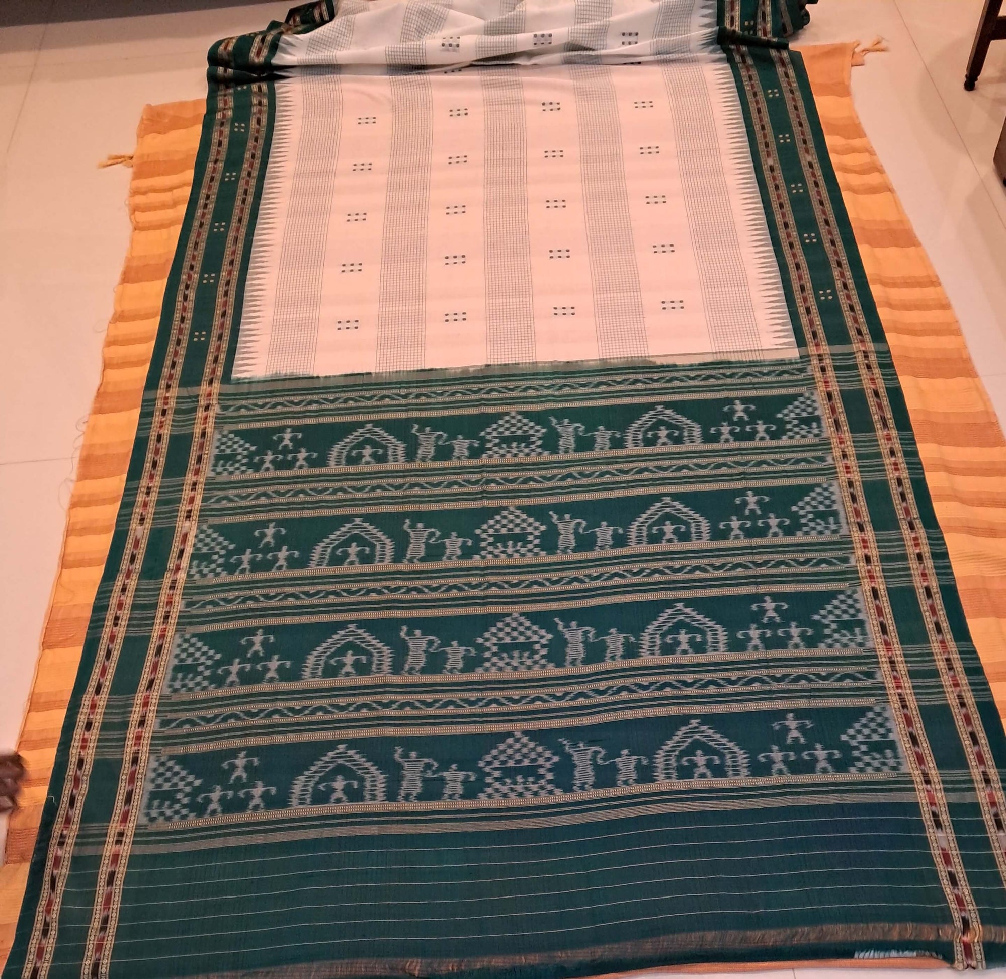 White with Green buti Cotton Odisha Ikat saree with mix match cotton ikat blouse