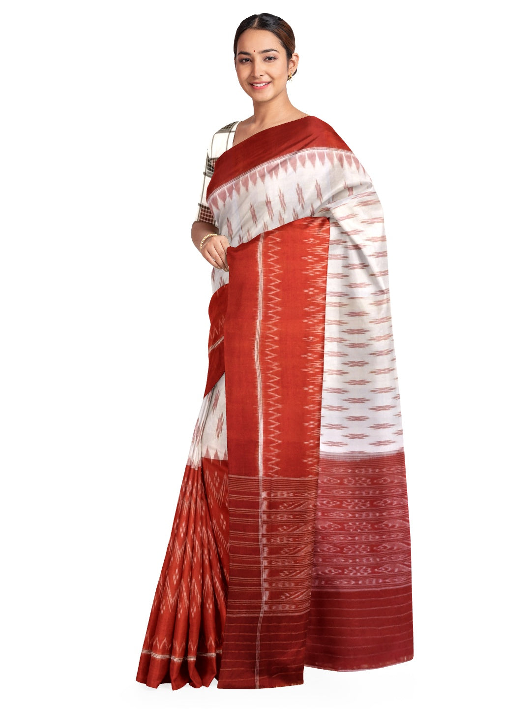 White and Red Cotton Odisha Ikat saree  with mix match cotton ikat blouse