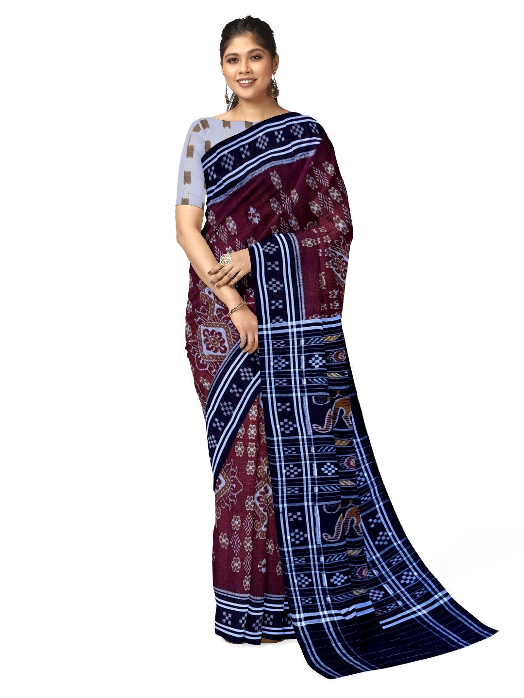 Maroon with black Cotton Odisha Ikat saree  with mix match cotton ikat blouse