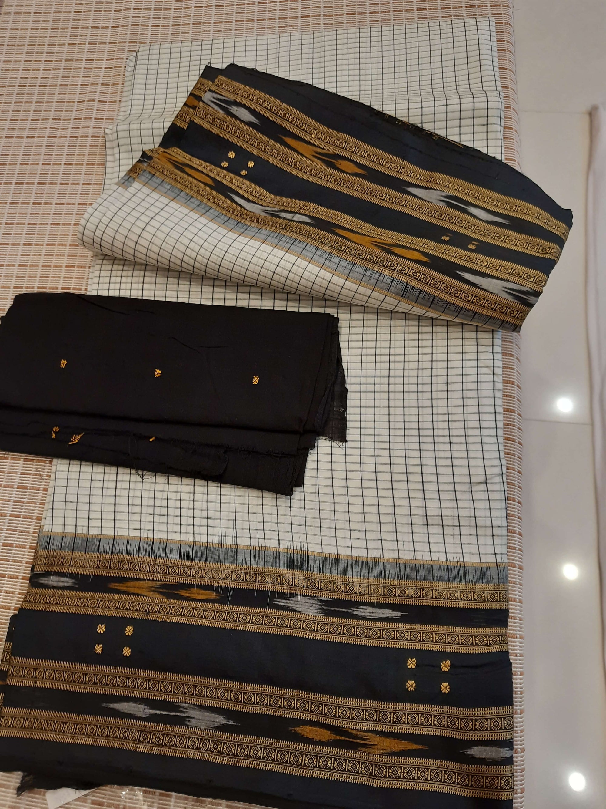 Offwhite Black Sachipar Khandua Pata Silk Saree with cotton ikat blouse piece