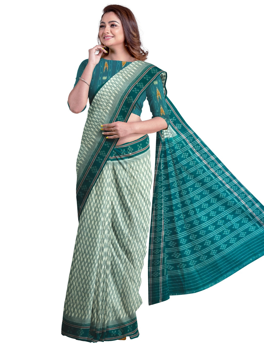 Off_White with Green Cotton Odisha Ikat saree with mix match cotton ikat blouse piece
