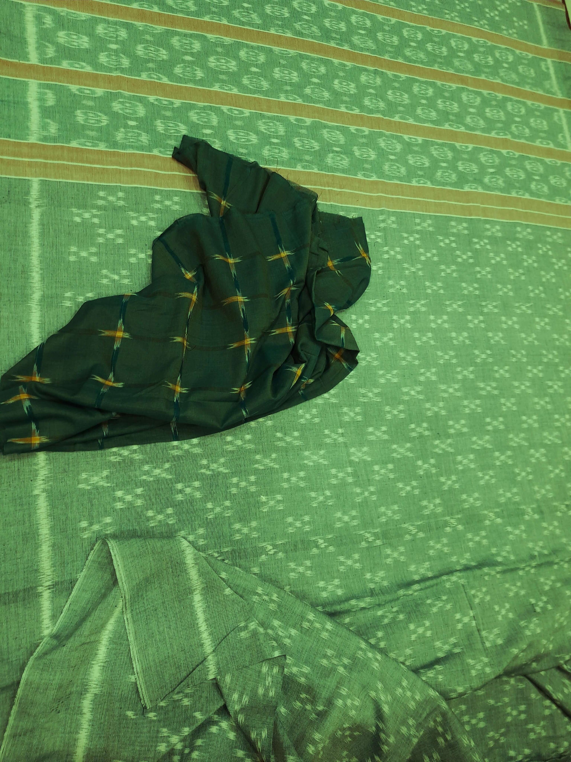 Green Cotton Odisha Ikat saree with mix match cotton ikat blouse piece