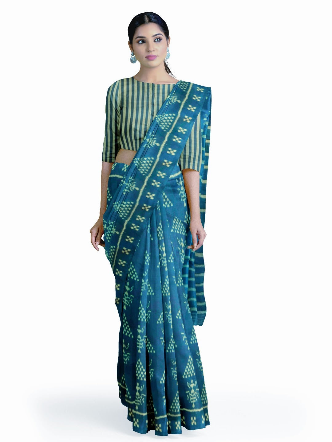 Blue Tribal motifs Odisha Khandua Pata Silk Saree with running blouse piece