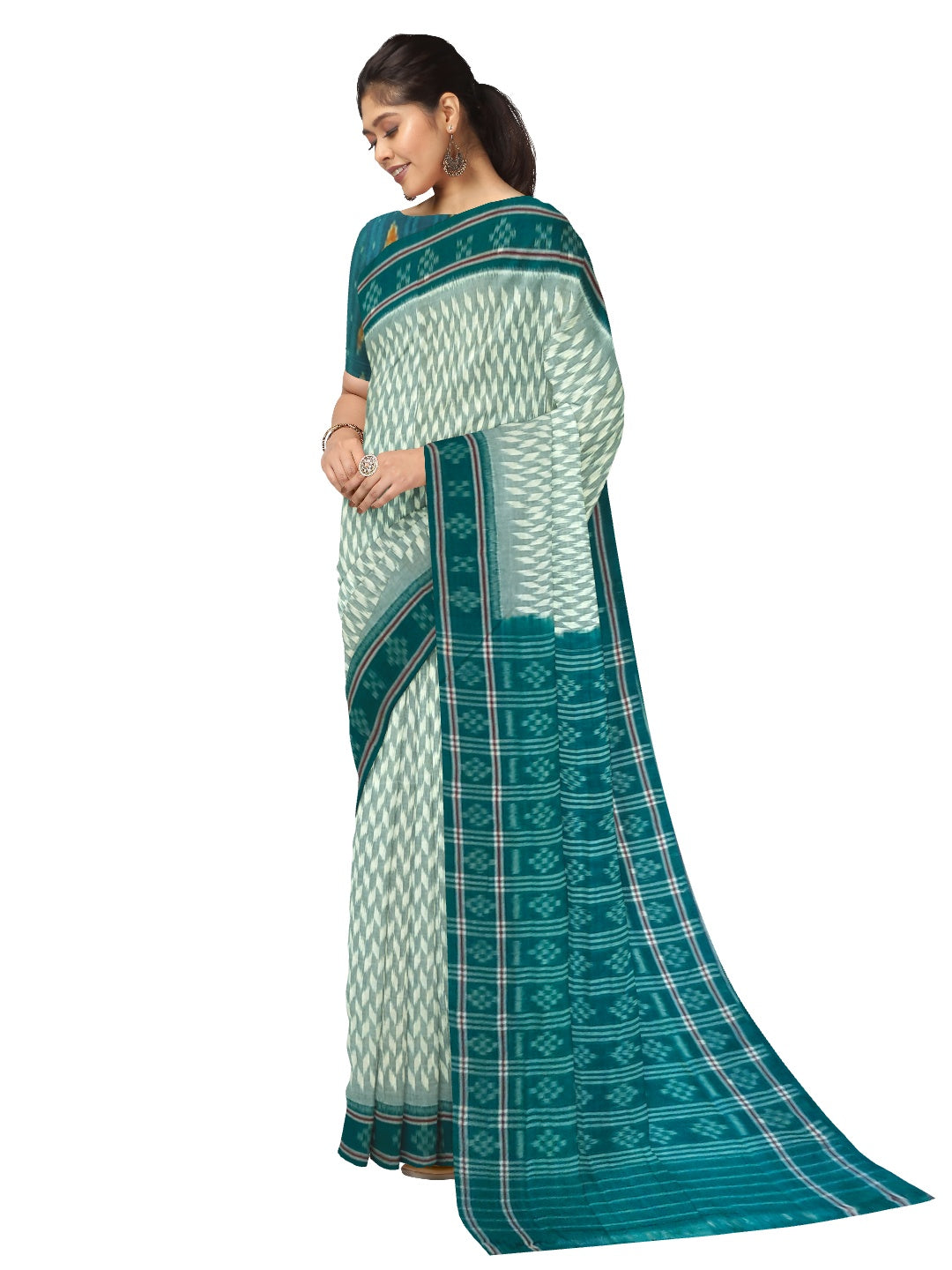 Off_White with Green Cotton Odisha Ikat saree with mix match cotton ikat blouse piece