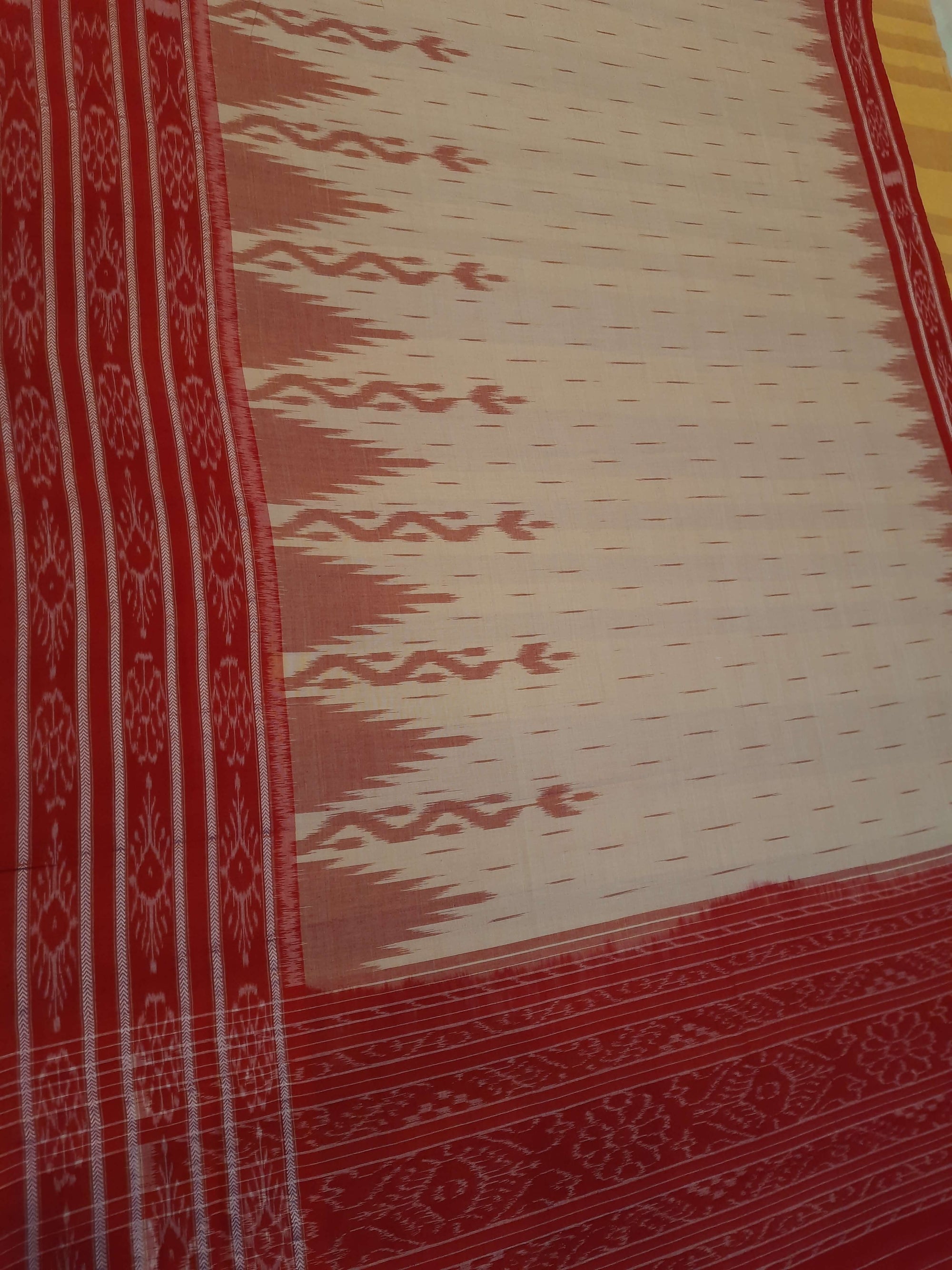 Beige wide border Cotton Odisha Ikat saree  with mix match cotton ikat blouse