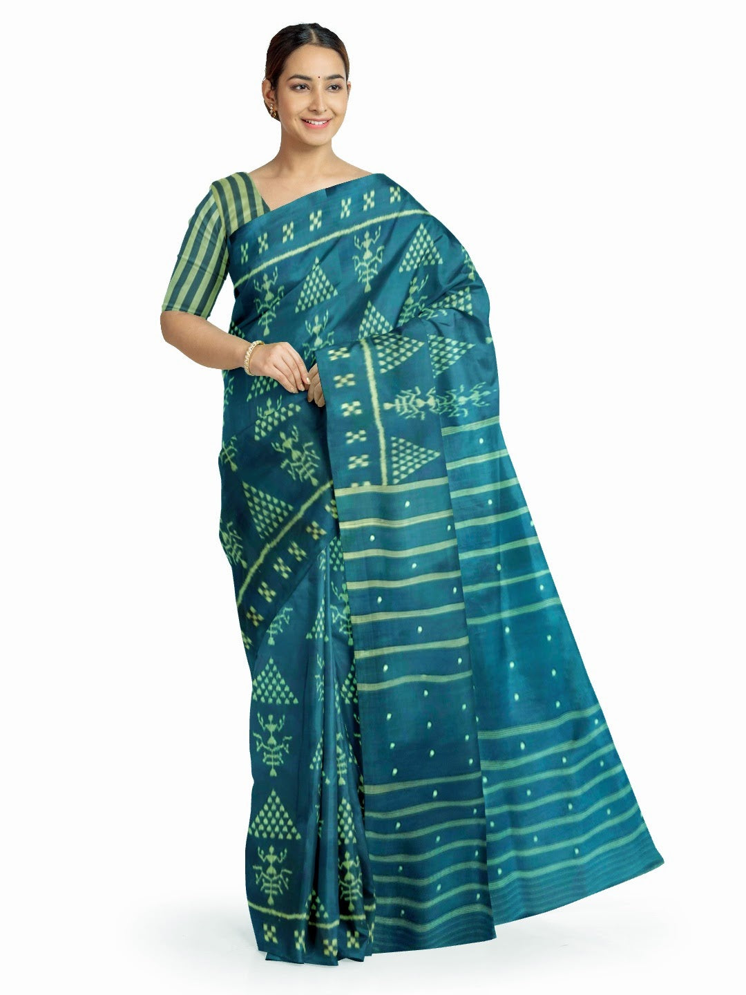 Blue Tribal motifs Odisha Khandua Pata Silk Saree with running blouse piece