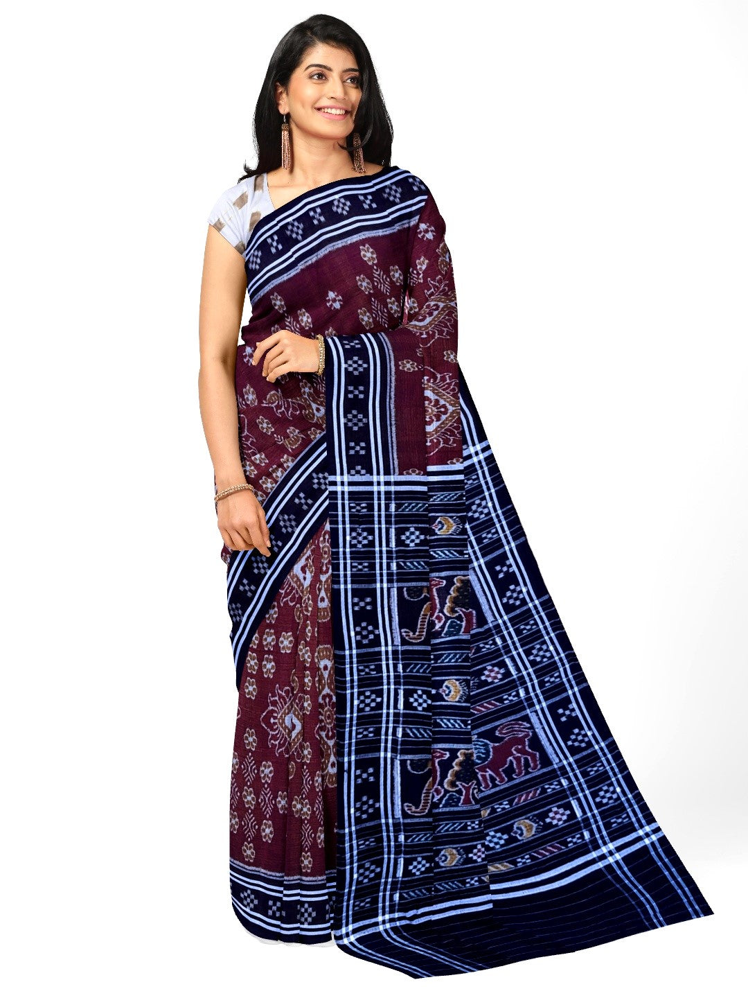 Maroon with black Cotton Odisha Ikat saree  with mix match cotton ikat blouse