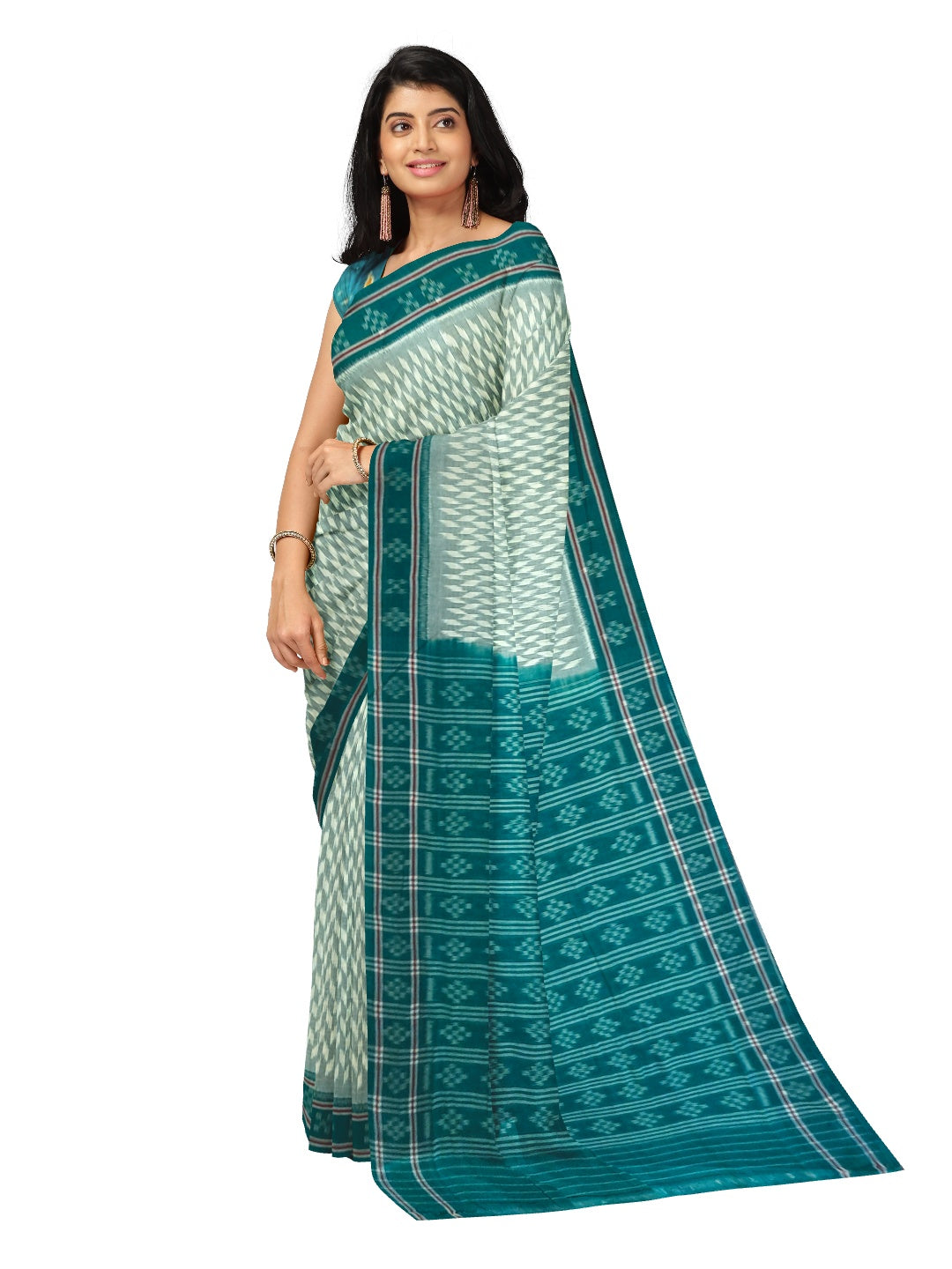 Off_White with Green Cotton Odisha Ikat saree with mix match cotton ikat blouse piece