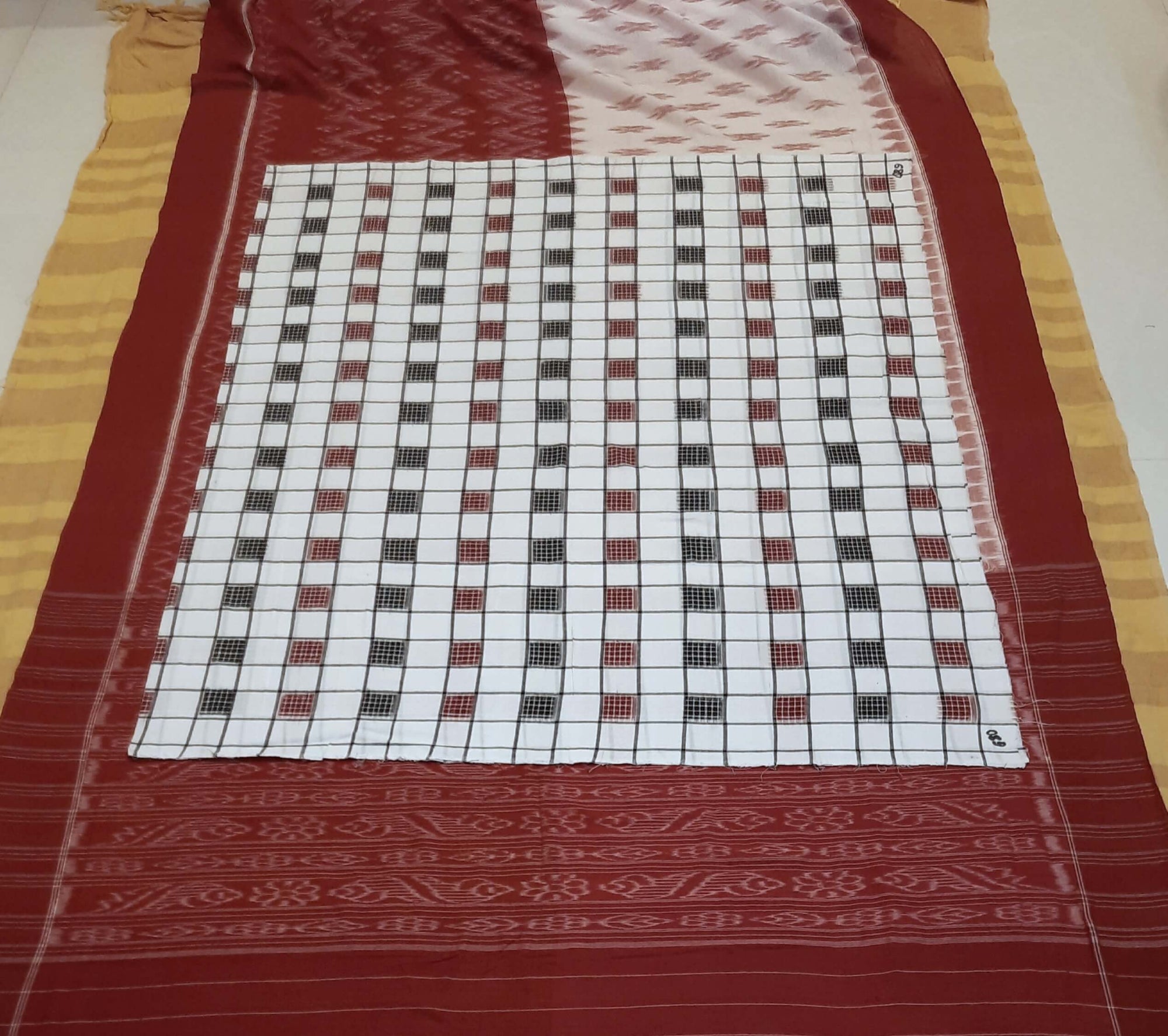 White and Red Cotton Odisha Ikat saree  with mix match cotton ikat blouse