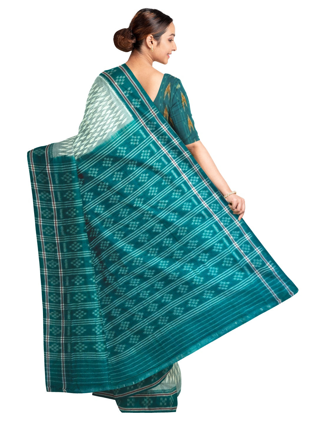 Off_White with Green Cotton Odisha Ikat saree with mix match cotton ikat blouse piece