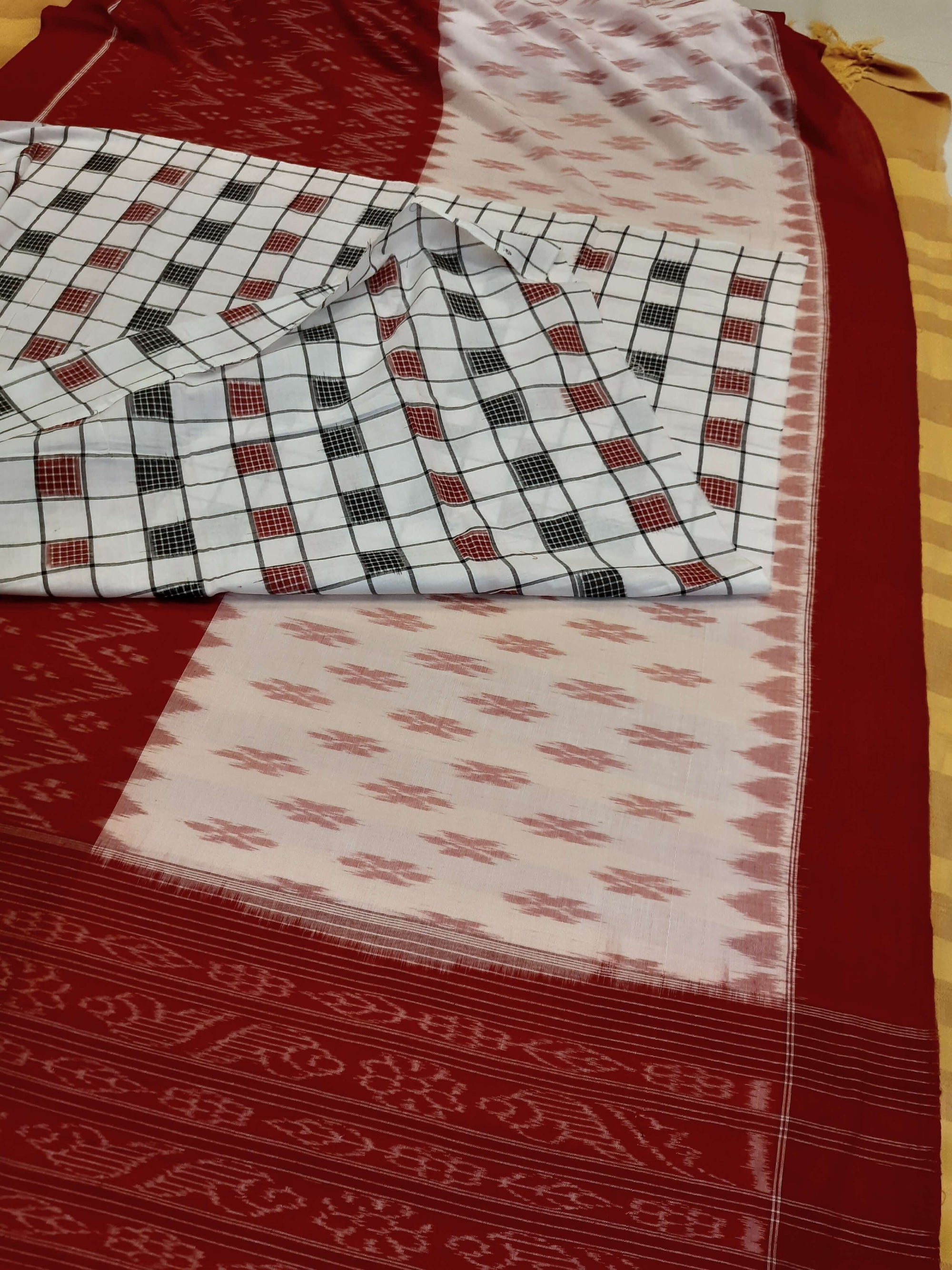 White and Red Cotton Odisha Ikat saree  with mix match cotton ikat blouse