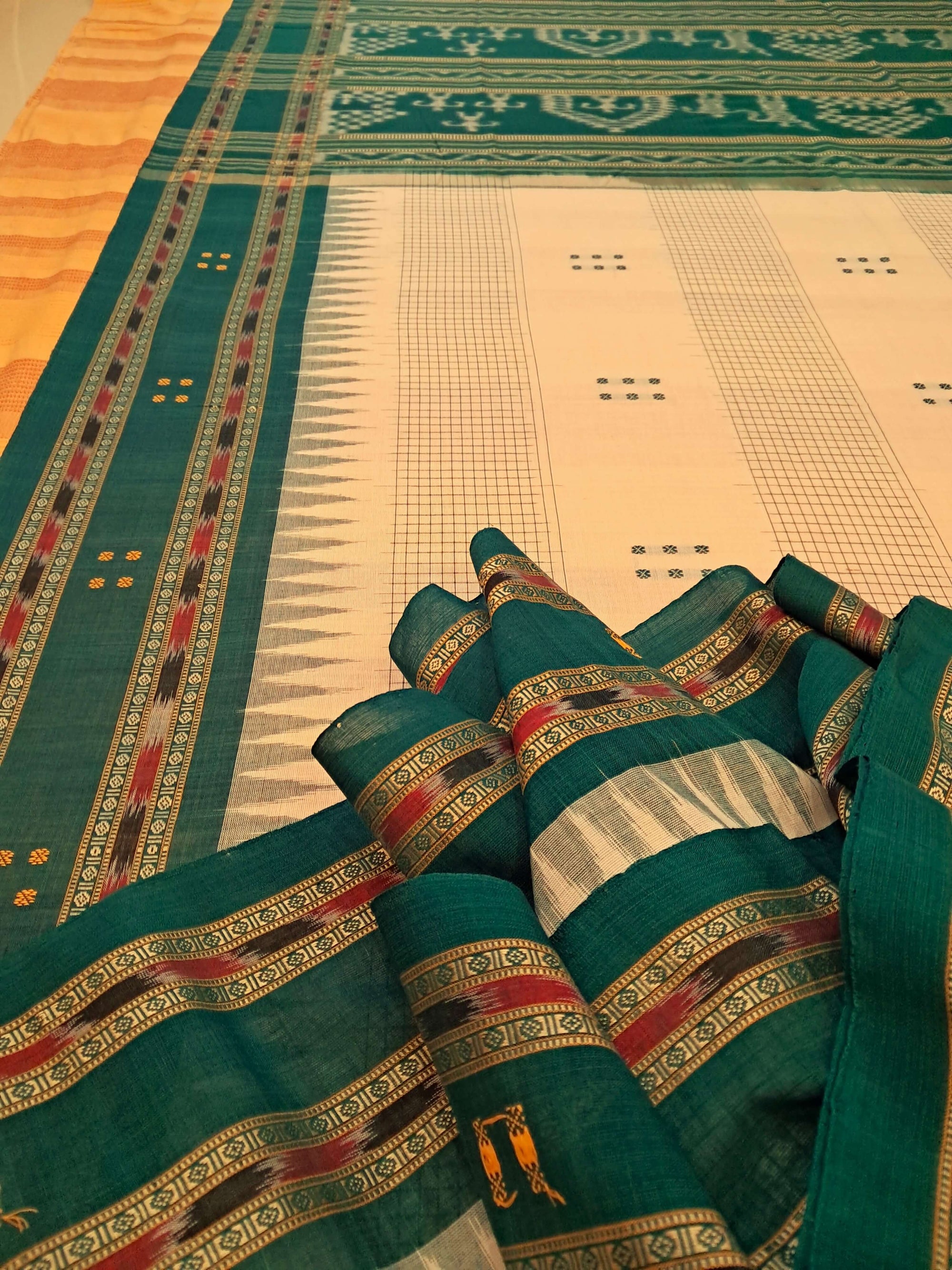 White with Green buti Cotton Odisha Ikat saree with mix match cotton ikat blouse