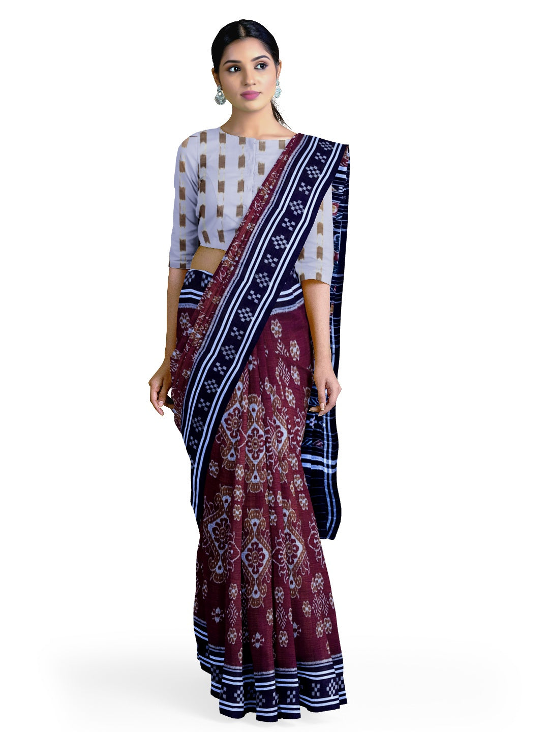 Maroon with black Cotton Odisha Ikat saree  with mix match cotton ikat blouse