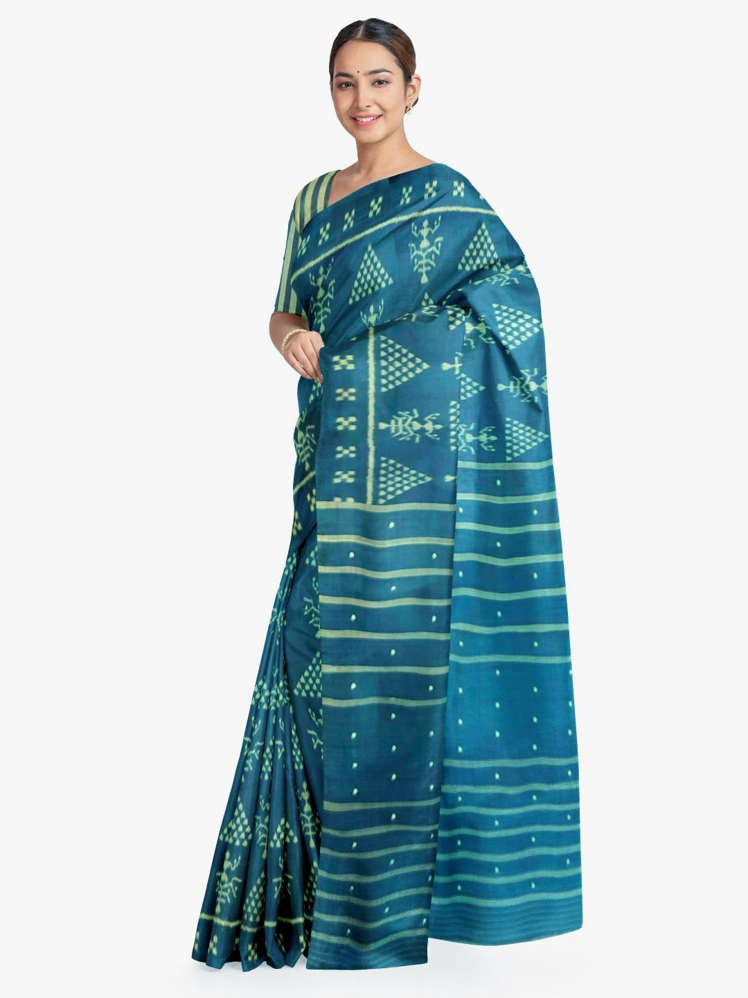 Blue Tribal motifs Odisha Khandua Pata Silk Saree with running blouse piece