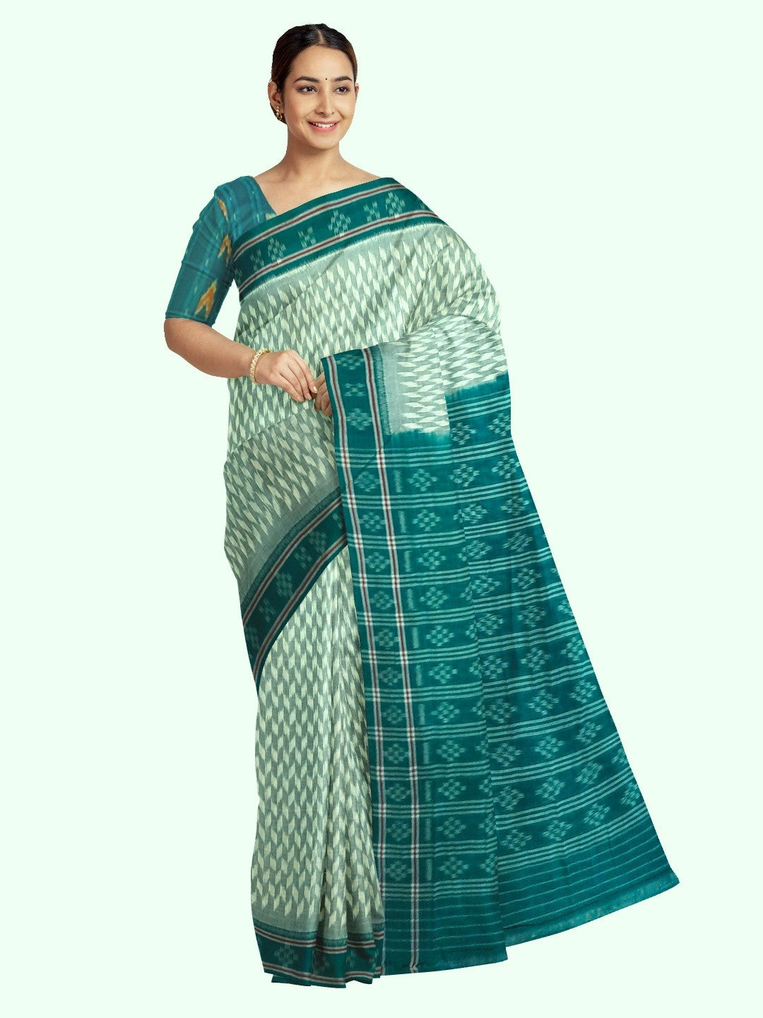 Off_White with Green Cotton Odisha Ikat saree with mix match cotton ikat blouse piece