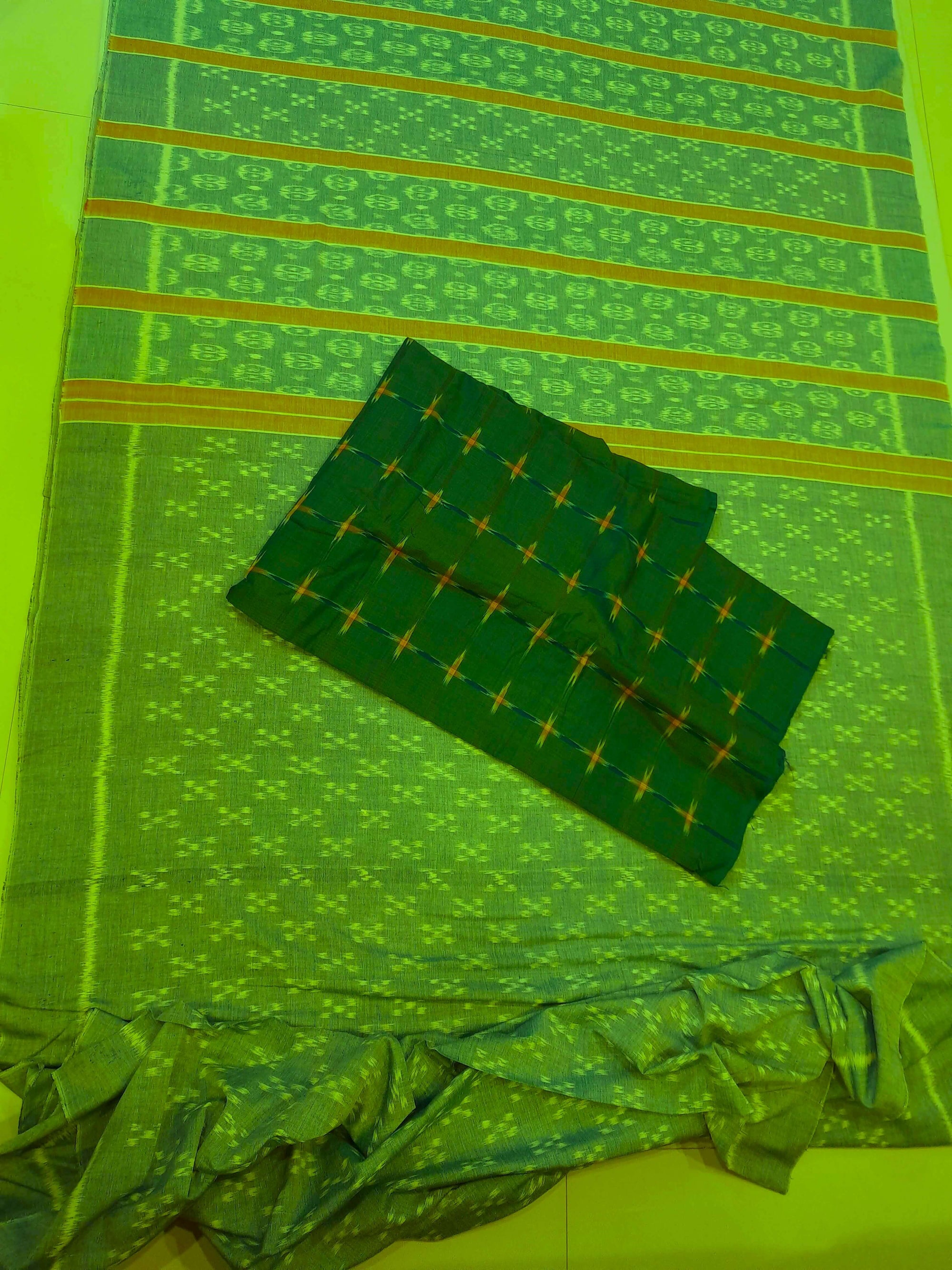 Green Cotton Odisha Ikat saree with mix match cotton ikat blouse piece
