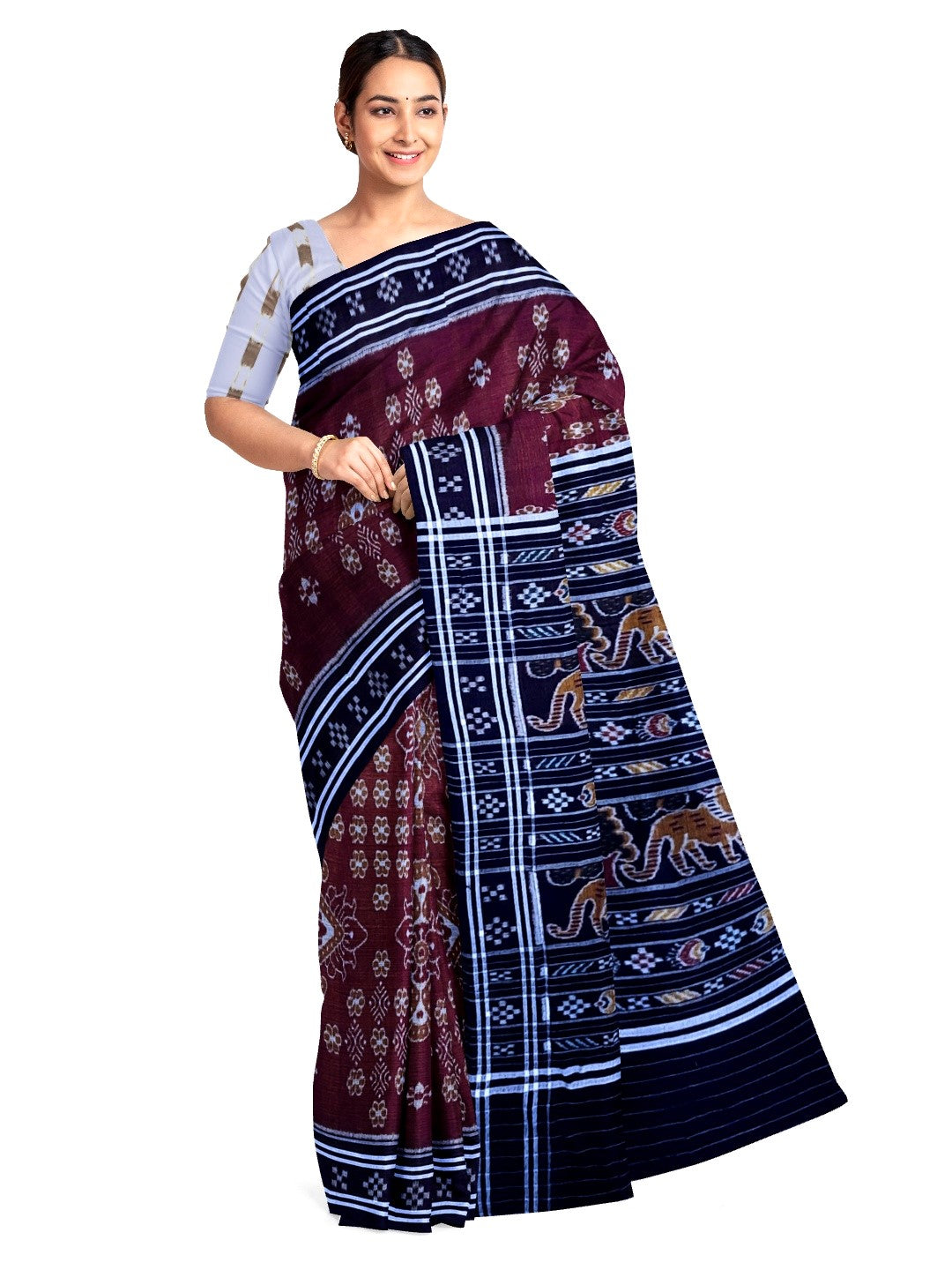 Maroon with black Cotton Odisha Ikat saree  with mix match cotton ikat blouse