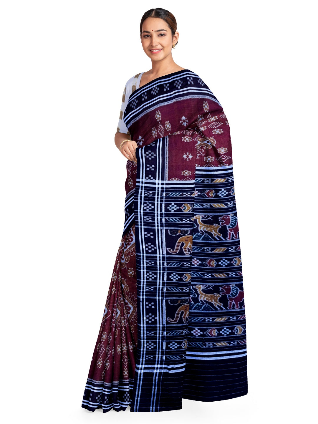 Maroon with black Cotton Odisha Ikat saree  with mix match cotton ikat blouse