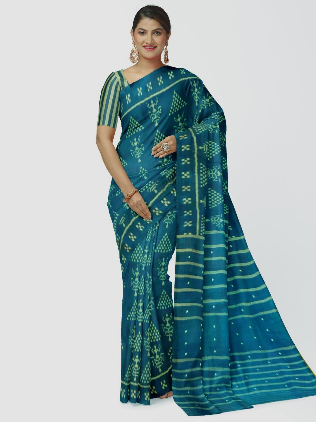 Blue Tribal motifs Odisha Khandua Pata Silk Saree with running blouse piece