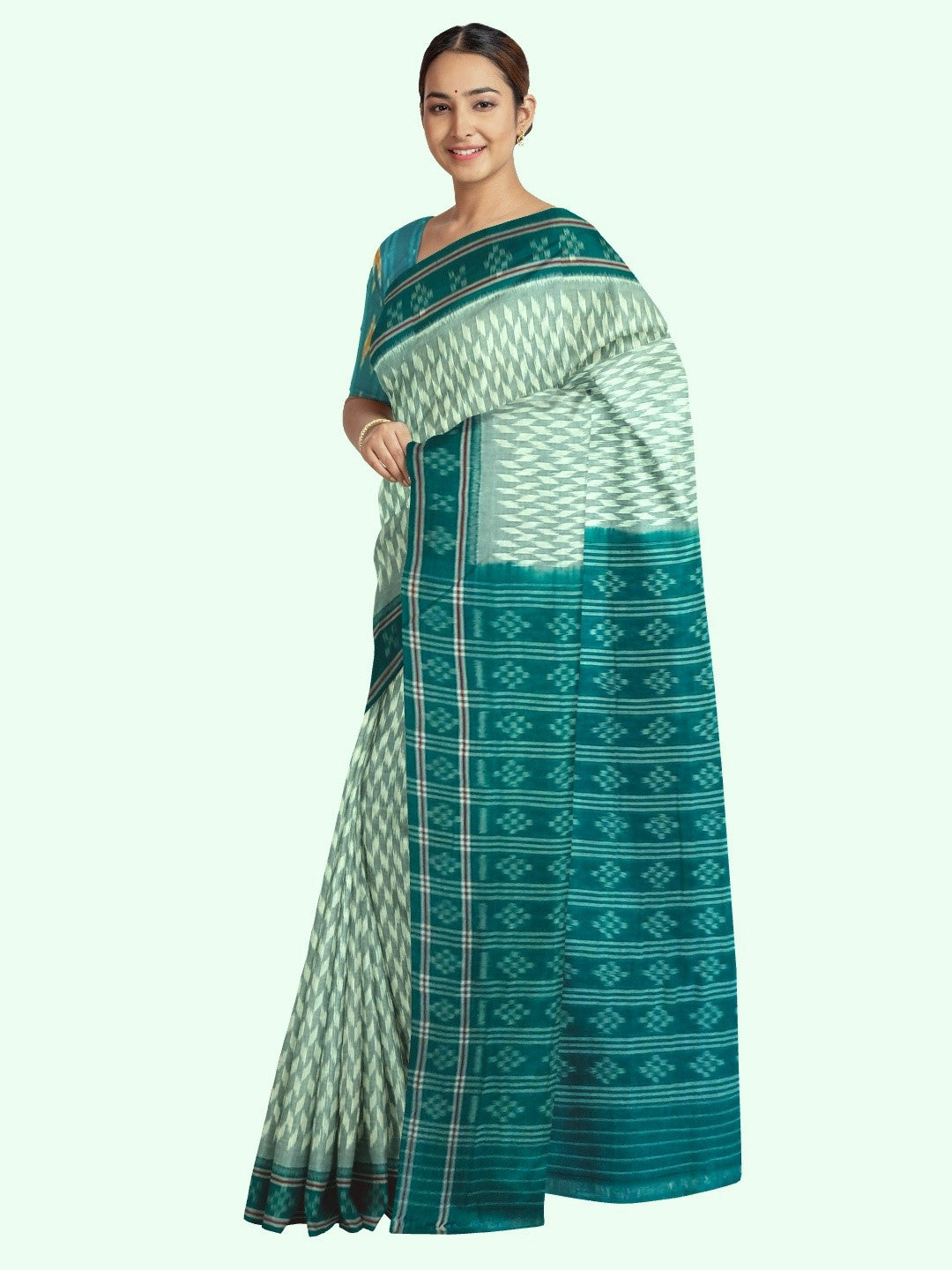 Off_White with Green Cotton Odisha Ikat saree with mix match cotton ikat blouse piece