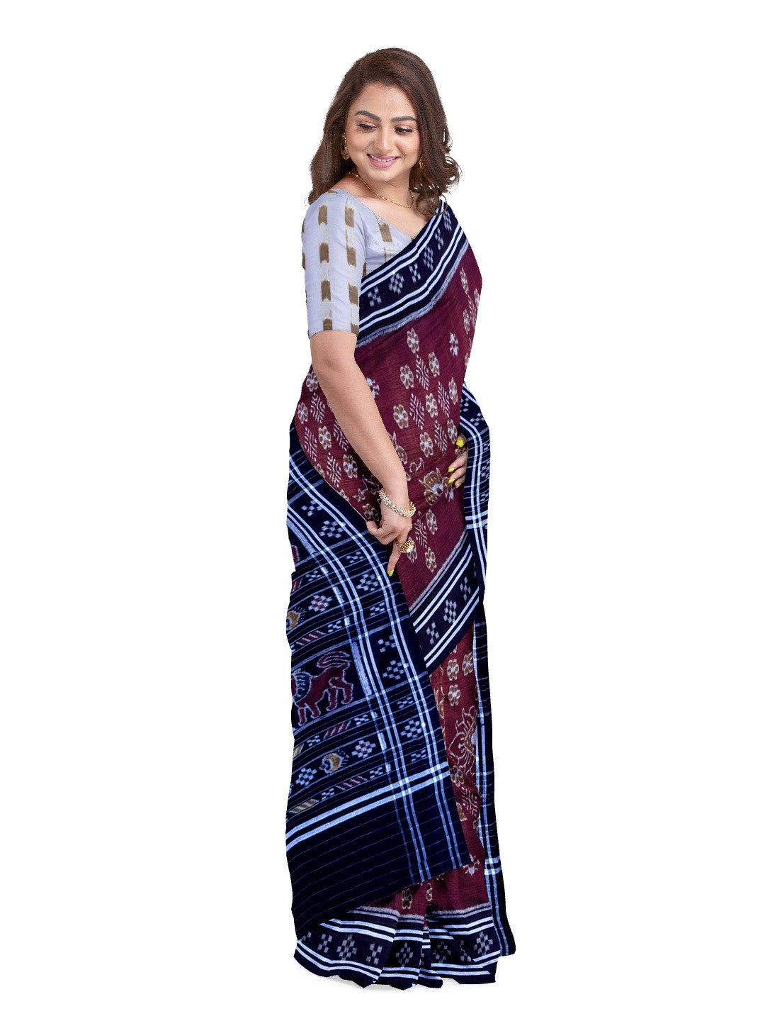 Maroon with black Cotton Odisha Ikat saree  with mix match cotton ikat blouse