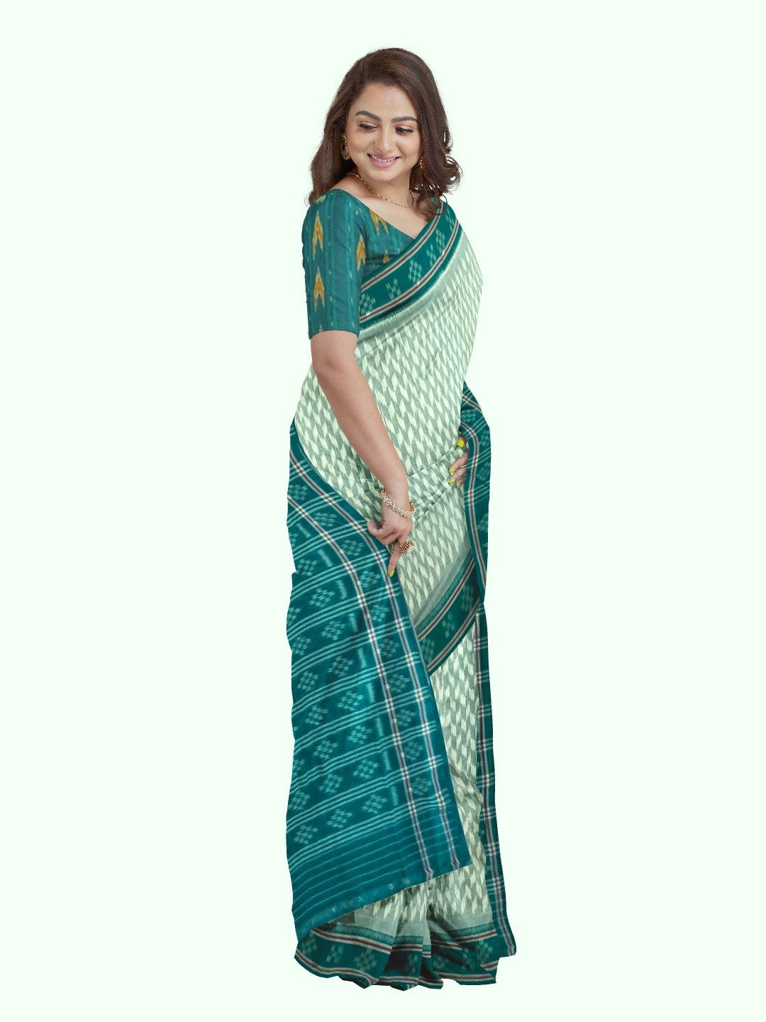 Off_White with Green Cotton Odisha Ikat saree with mix match cotton ikat blouse piece