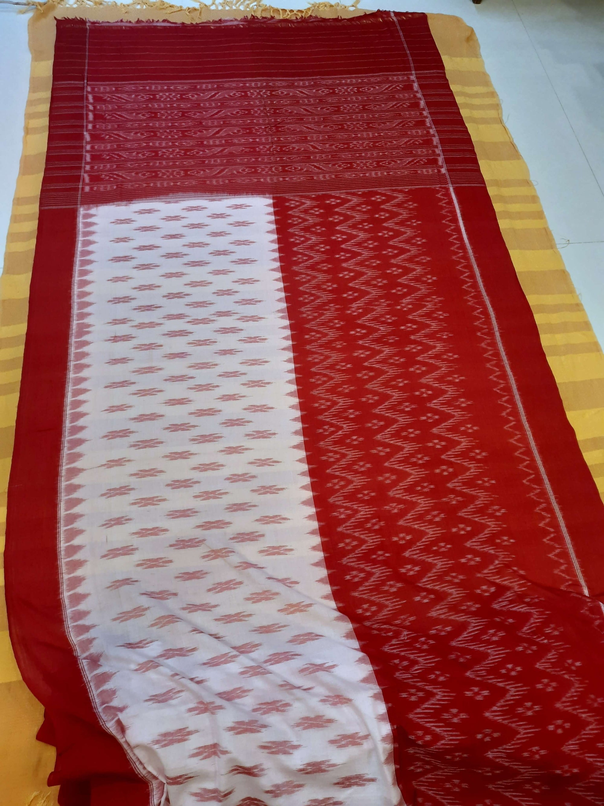 White and Red Cotton Odisha Ikat saree  with mix match cotton ikat blouse