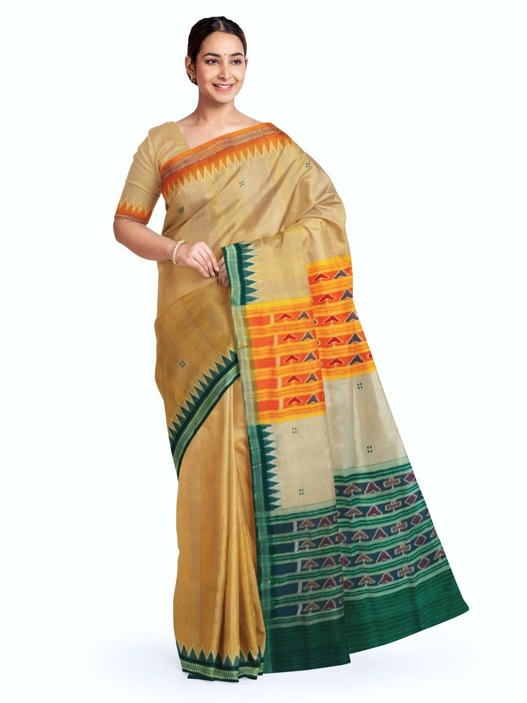 Beige Gangajamuna border Odisha Khandua Pata Silk Saree with running blouse piece