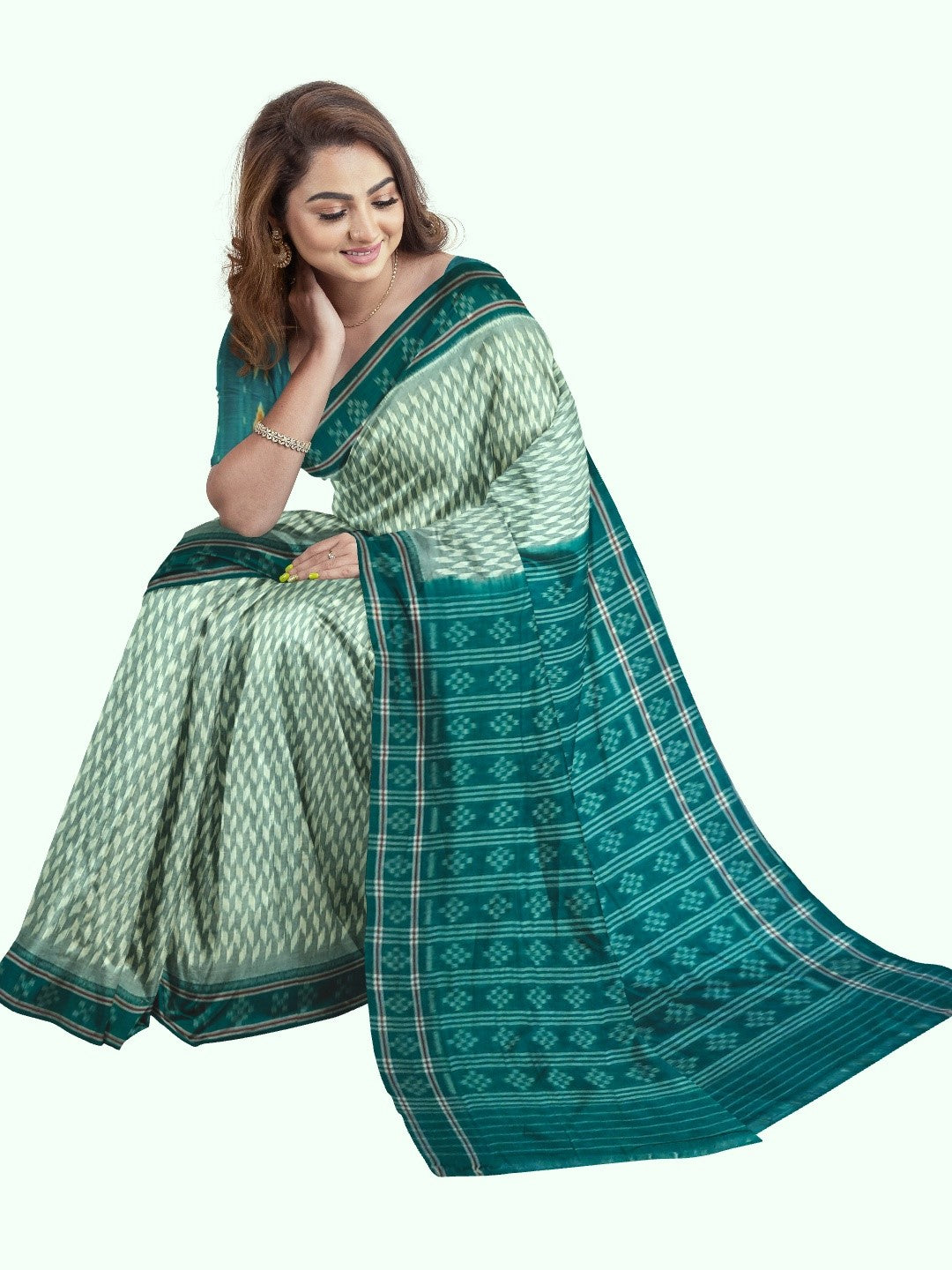 Off_White with Green Cotton Odisha Ikat saree with mix match cotton ikat blouse piece