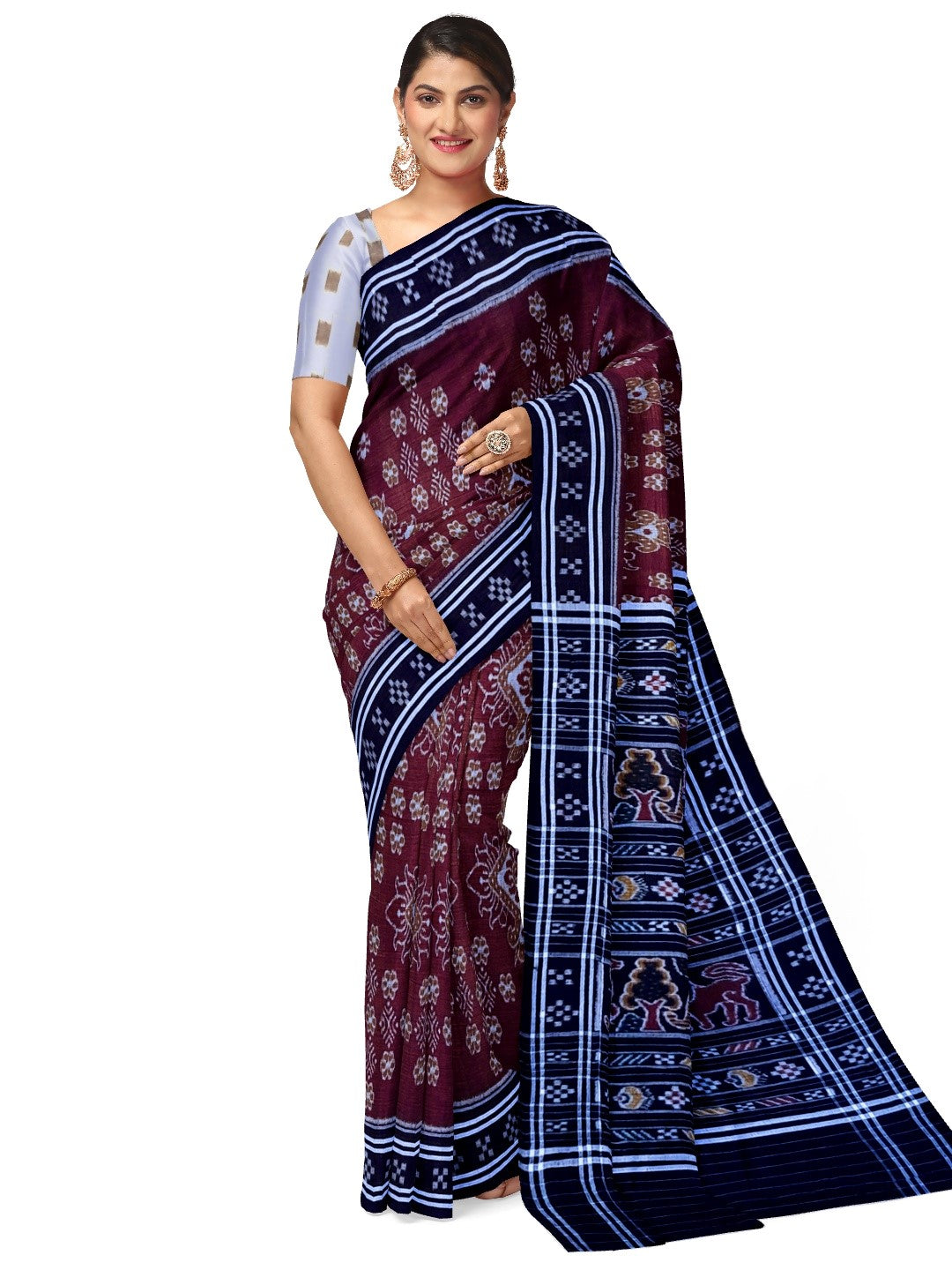 Maroon with black Cotton Odisha Ikat saree  with mix match cotton ikat blouse