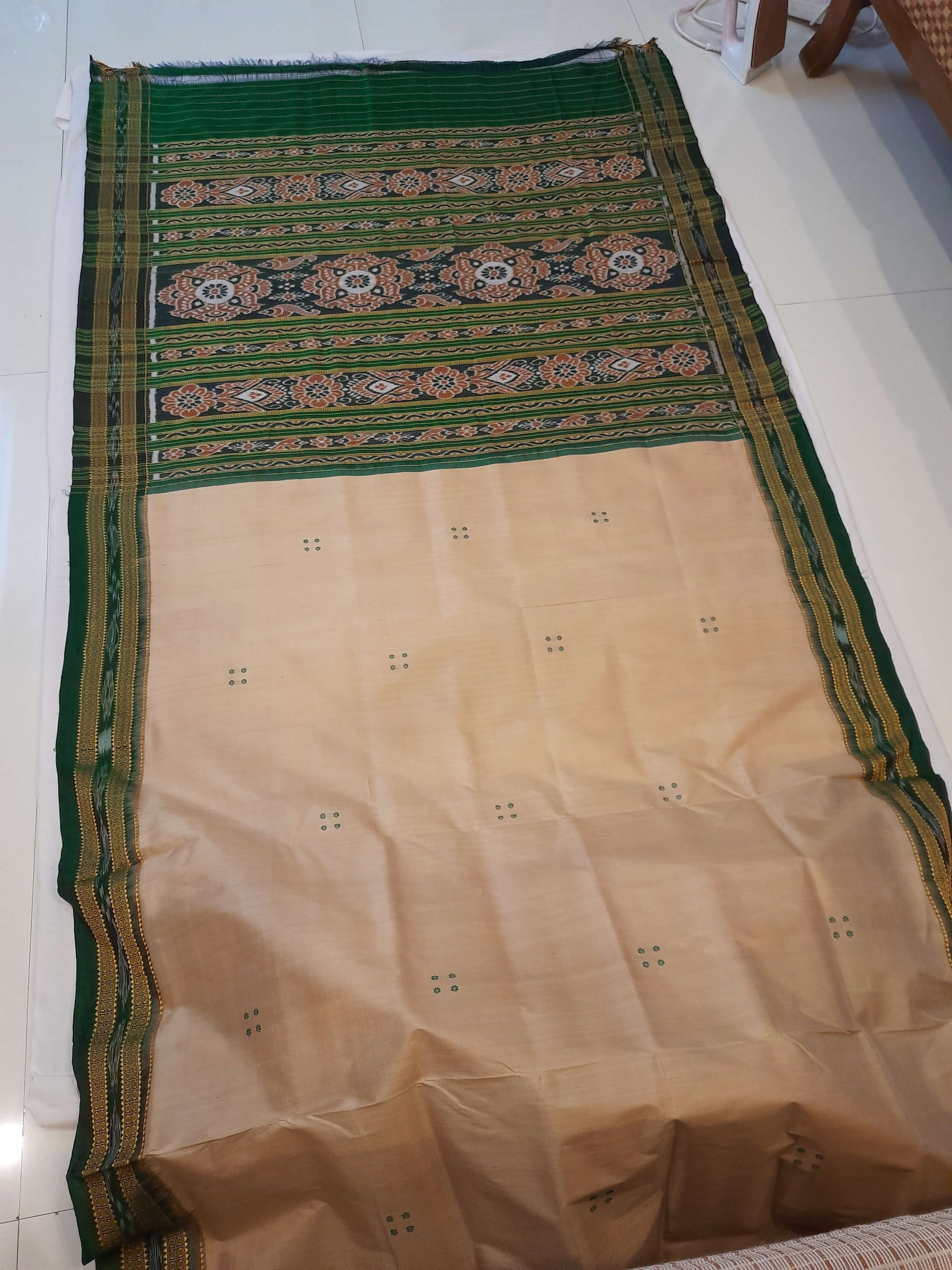 Beige with Green Odisha Khandua Pata Silk Saree with cotton ikat blouse piece