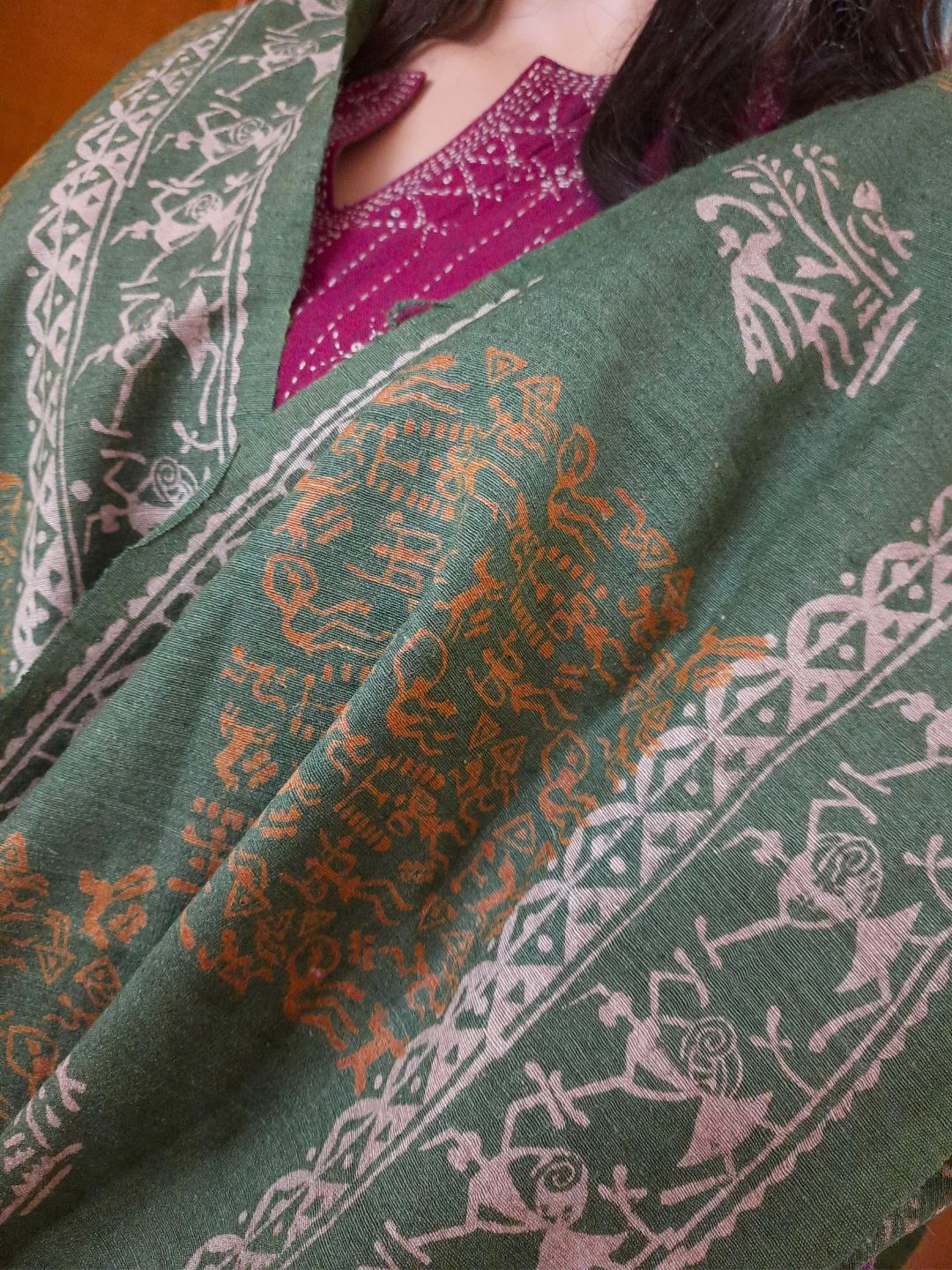 Green Tussar Silk Dupatta with hand block print