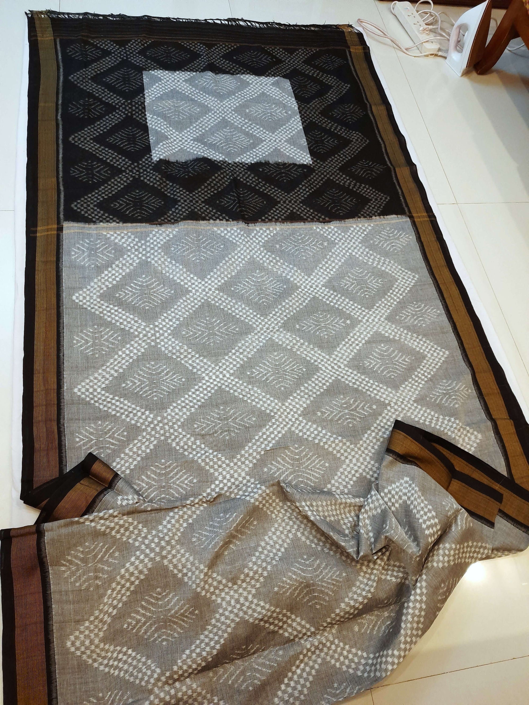 Grey Sambalpuri cotton Saree with mix match ikat blouse piece