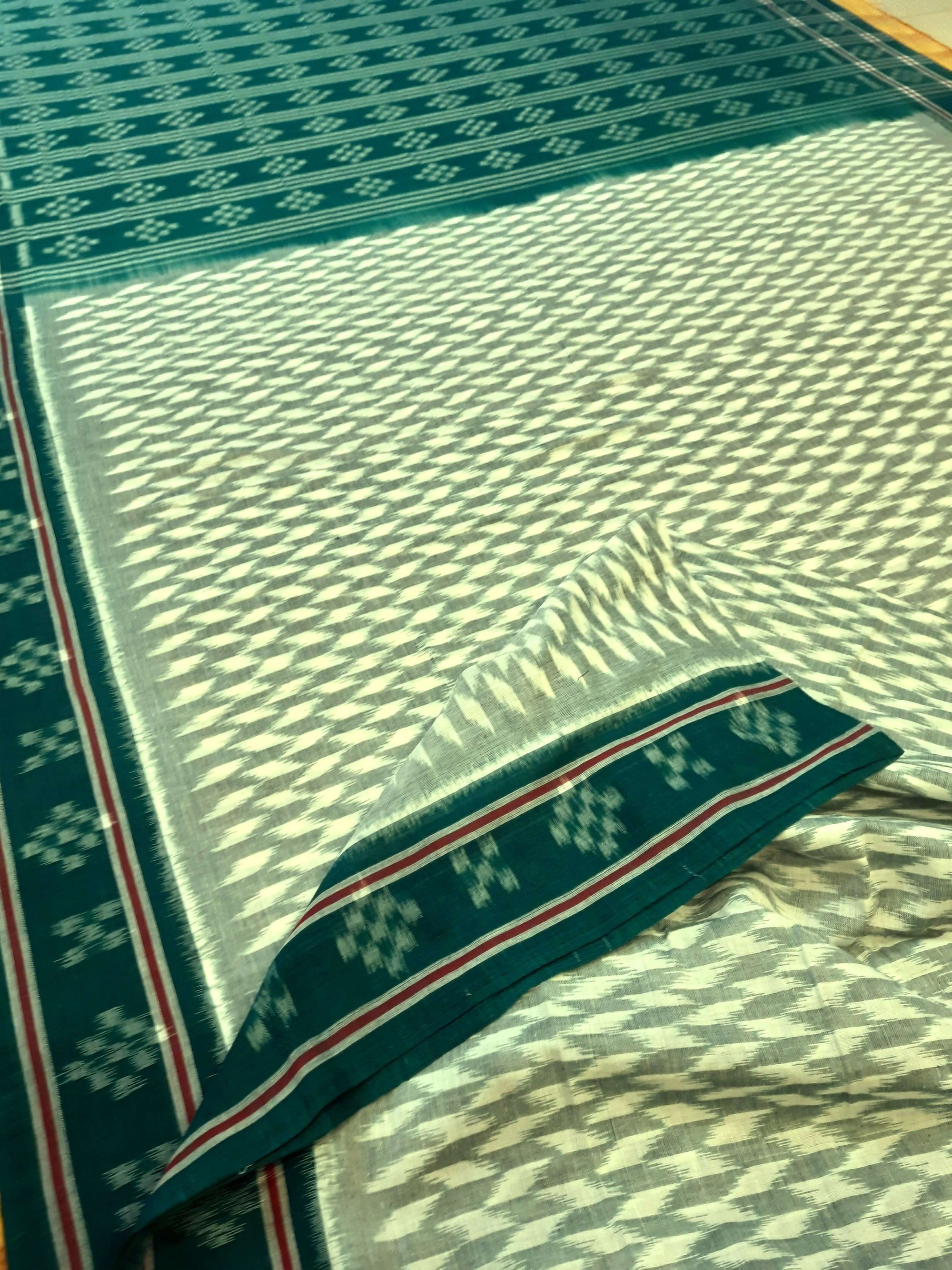 Off_White with Green Cotton Odisha Ikat saree with mix match cotton ikat blouse piece