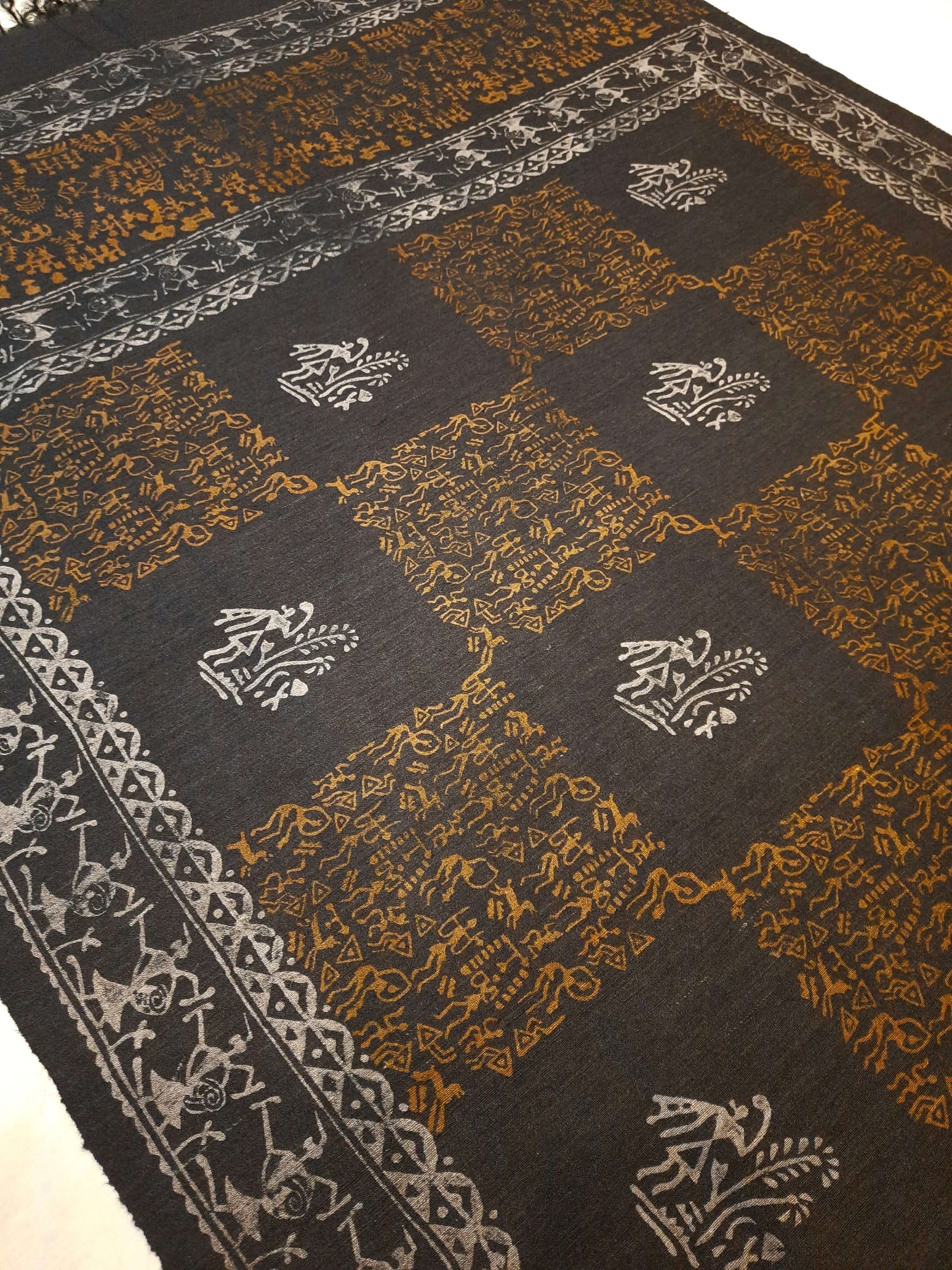 Grey Tussar Silk Dupatta with hand block print