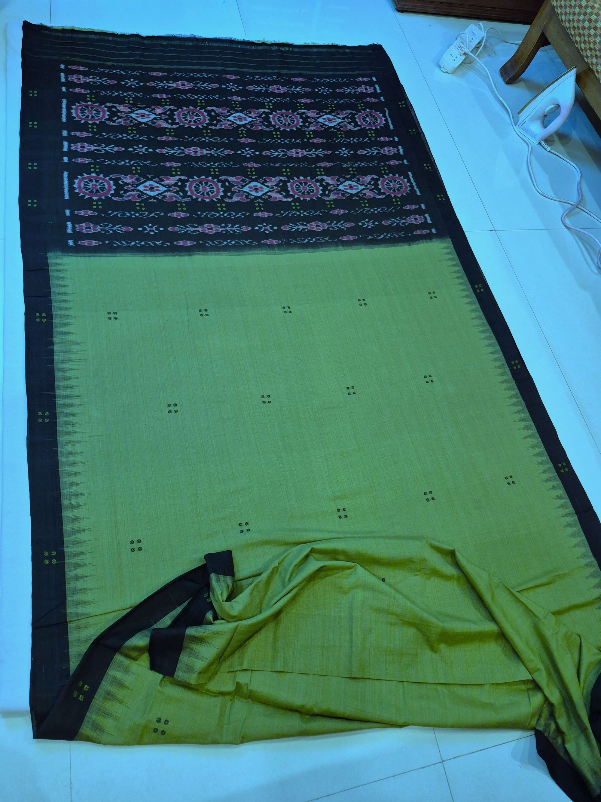 Green with Black Cotton Odisha Ikat saree with cotton ikat blouse piece