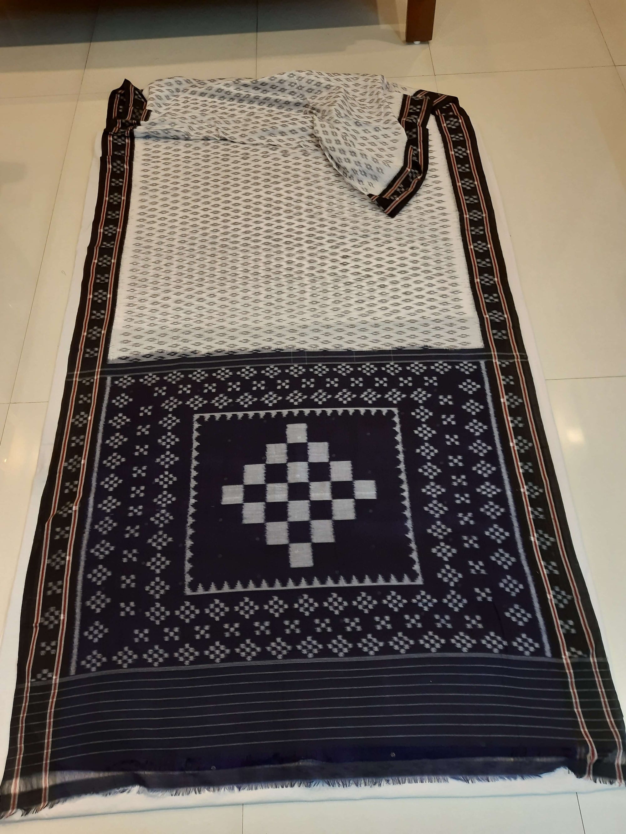 White with Black cotton Odisha Ikat Saree with mix match cotton Ikat blouse piece