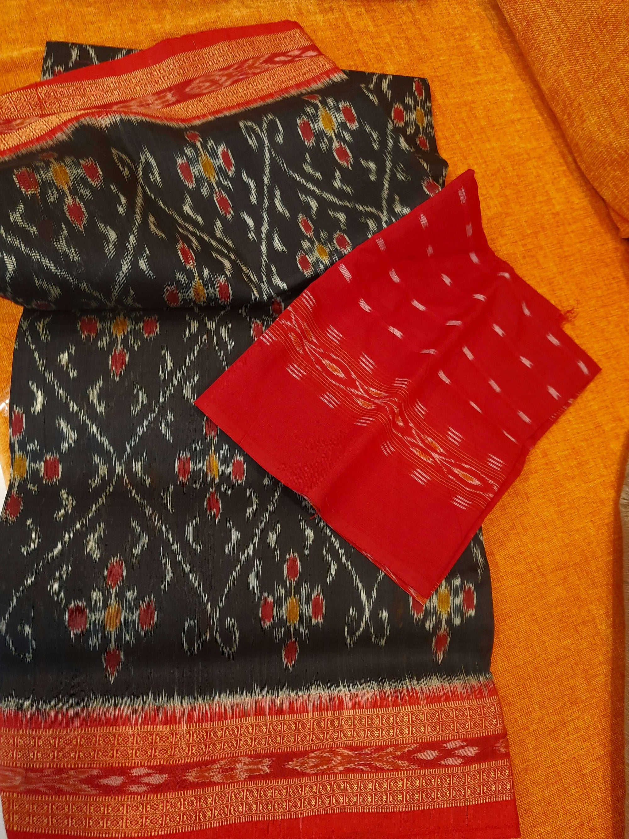 Black with Red Border Odisha Khandua Pata Silk Saree with cotton ikat blouse piece