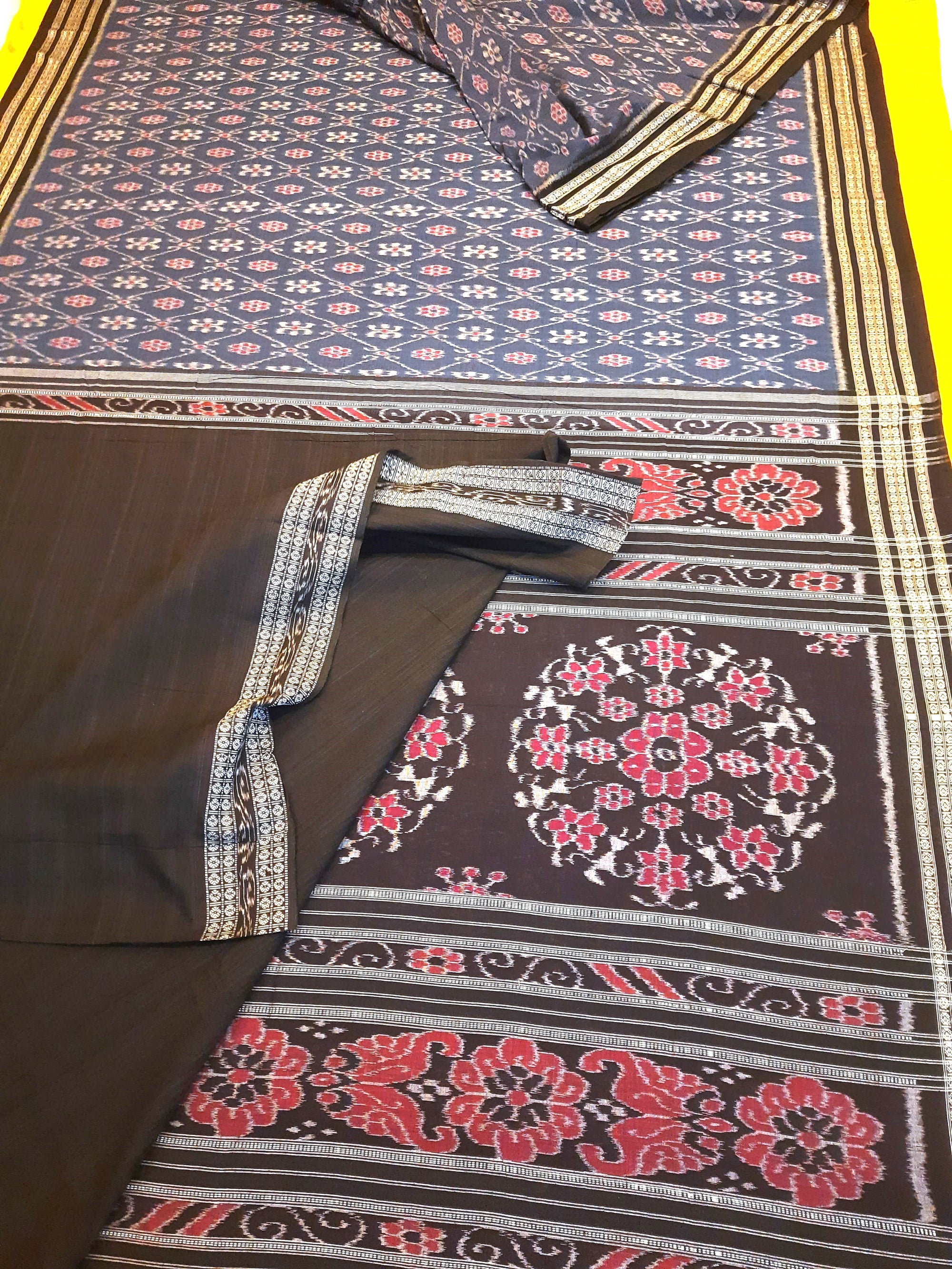 Blue cotton Sambalpuri Saree paired with cotton ikat blouse piece